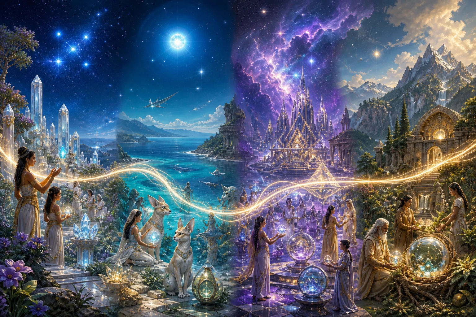 Jardins pleiadianos, oceanos de Sírius, cidades de Órion e santuários terrestres são unidos por uma mesma faixa de luz.