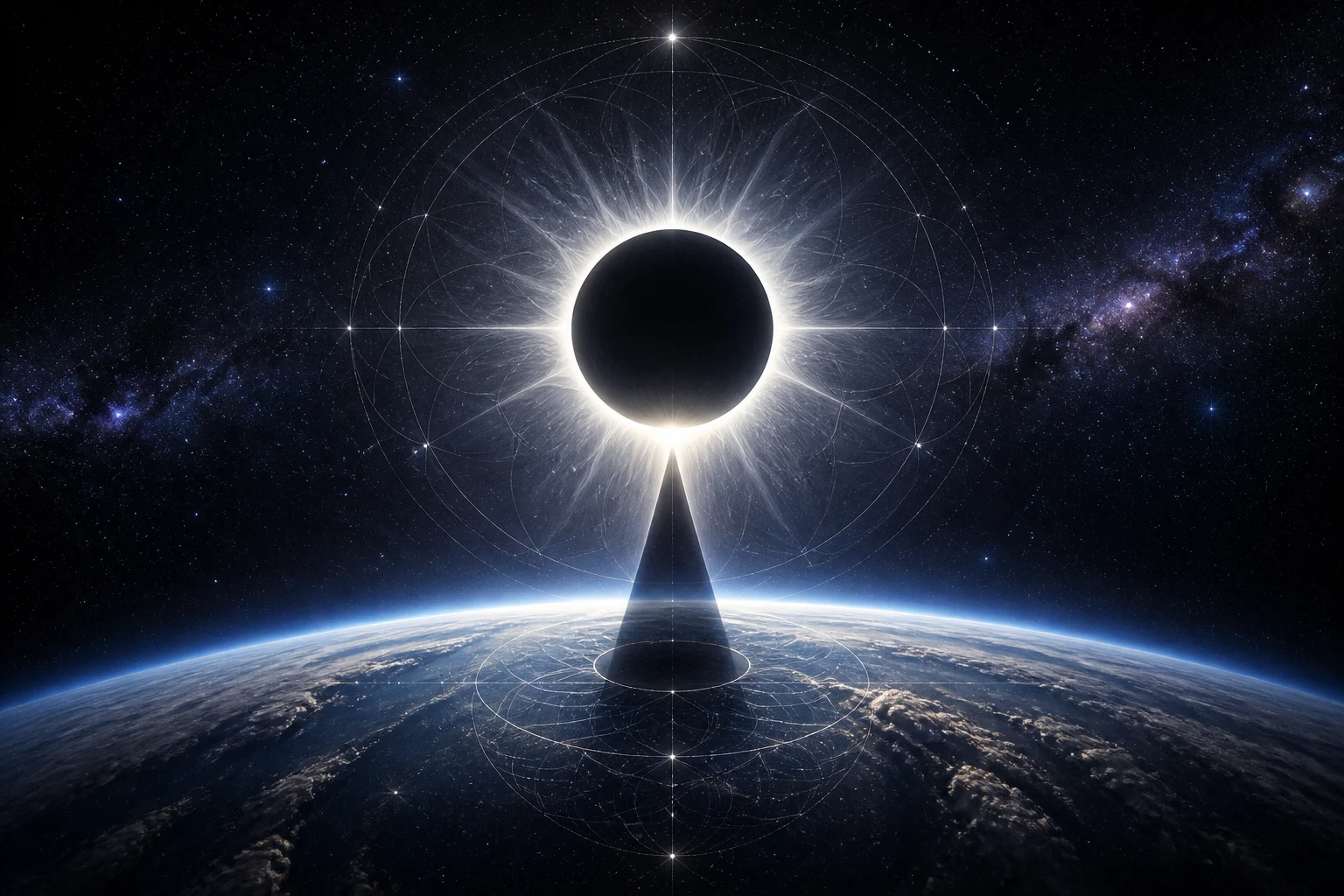 A Lua encobre o Sol, forma uma coroa luminosa e projeta sobre a Terra um cone de sombra cercado por geometria sagrada.