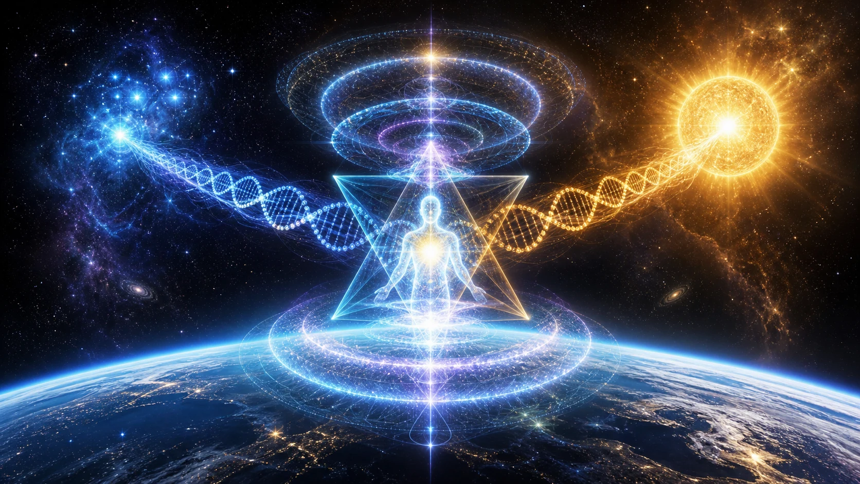 Plêiades e Arcturus enviam correntes azul e dourada para uma merkaba e uma hélice luminosa sobre a Terra.