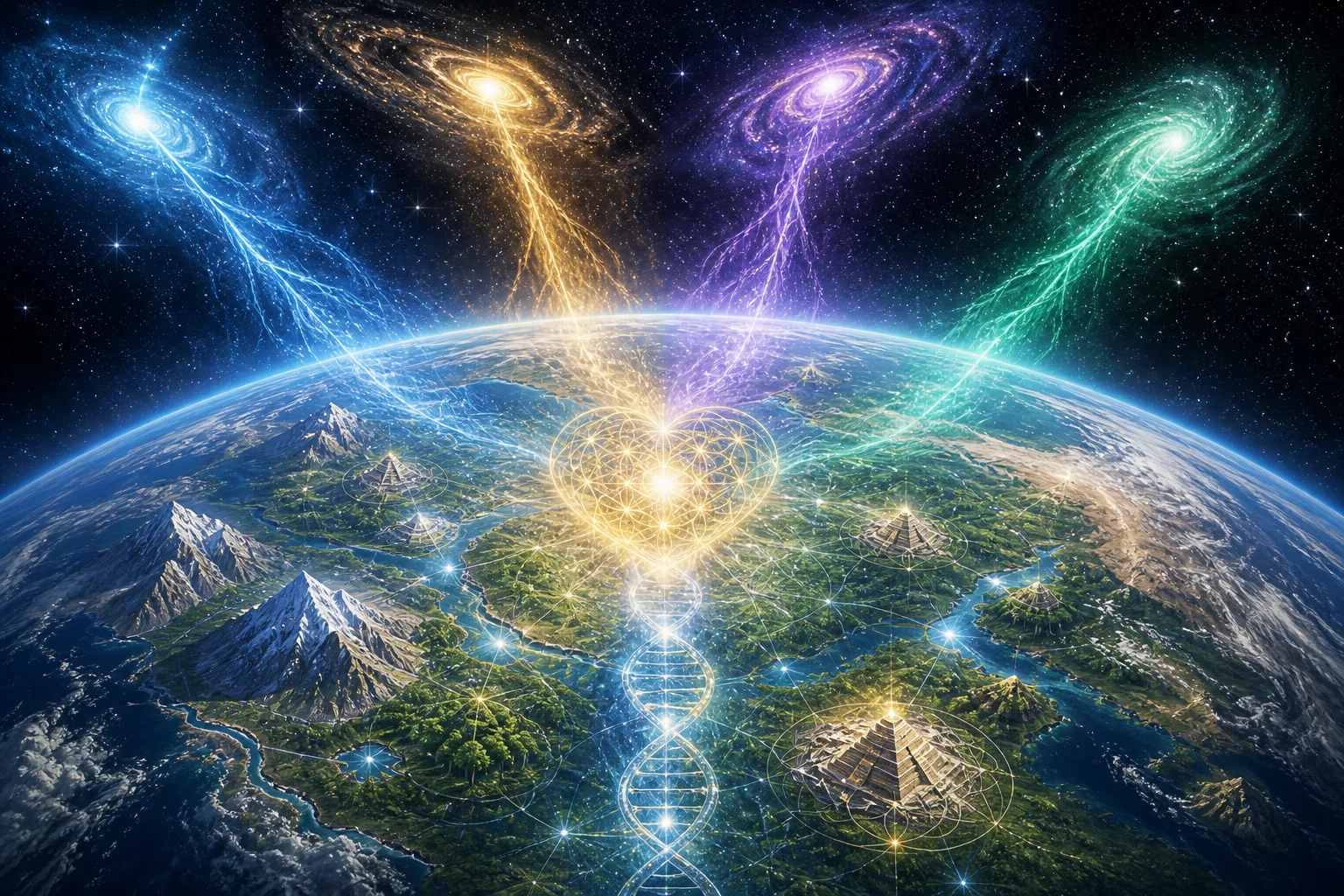 Correntes vindas de várias constelações convergem sobre a Terra, onde uma hélice luminosa une oceanos, florestas e pirâmides.
