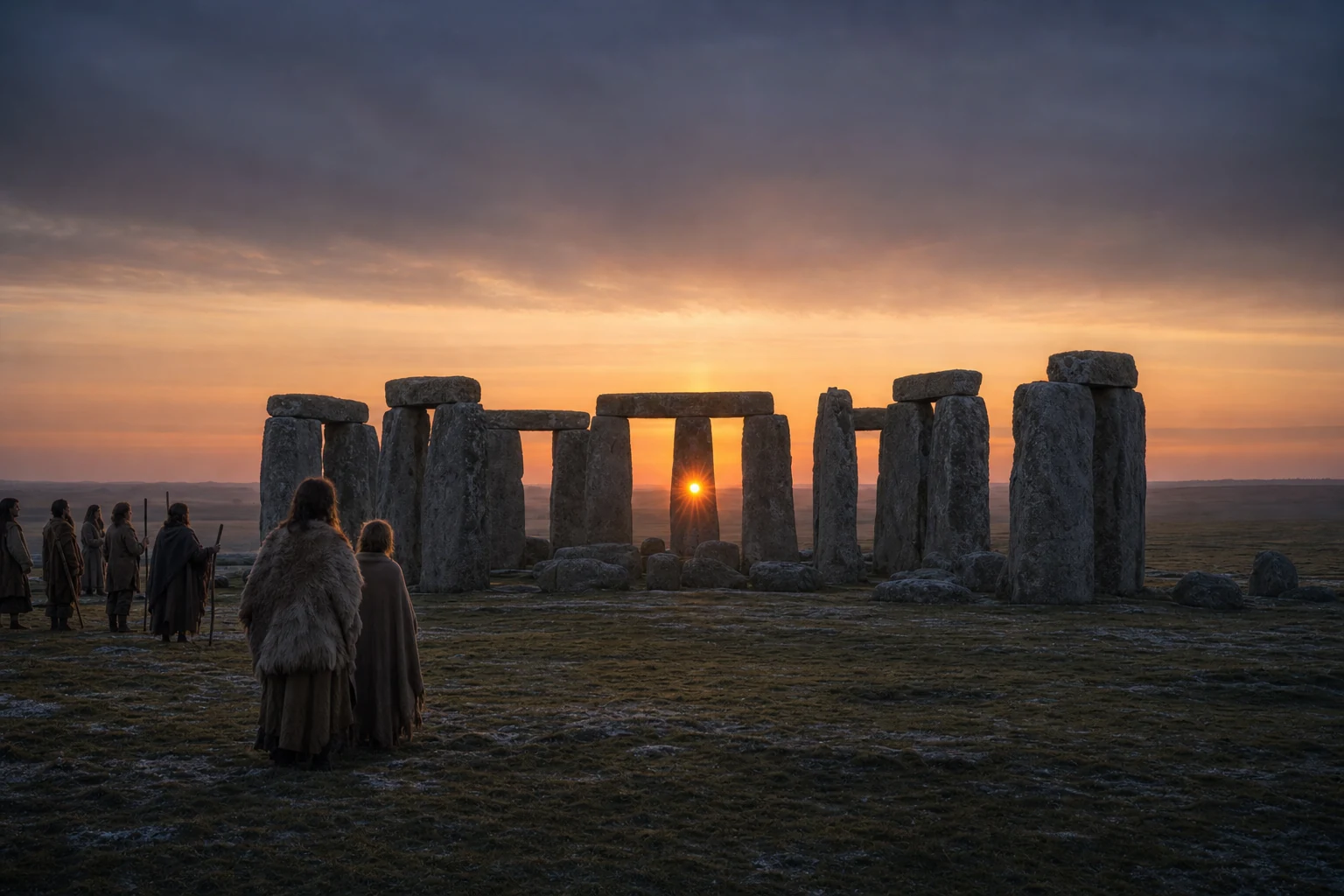 Sol de inverno se põe enquadrado entre as pedras de Stonehenge enquanto pequenas figuras observam o horizonte.