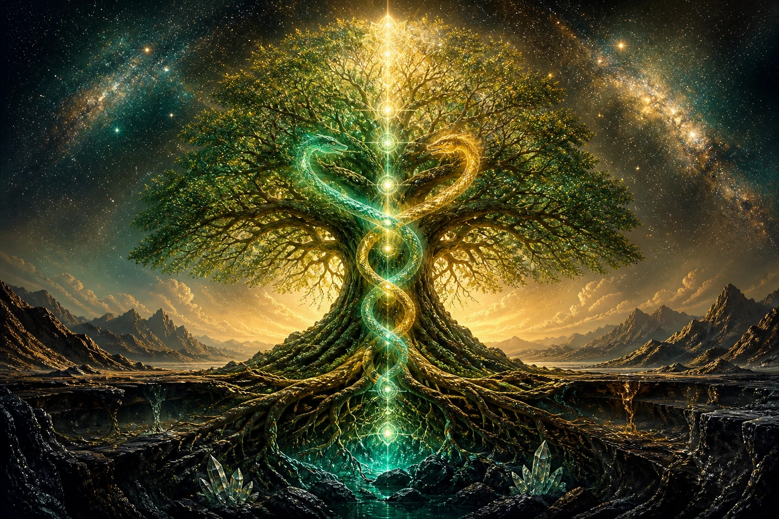 Duas serpentes luminosas sobem pelo tronco de uma Árvore da Vida cujas raízes entram na matéria e os galhos alcançam as estrelas.