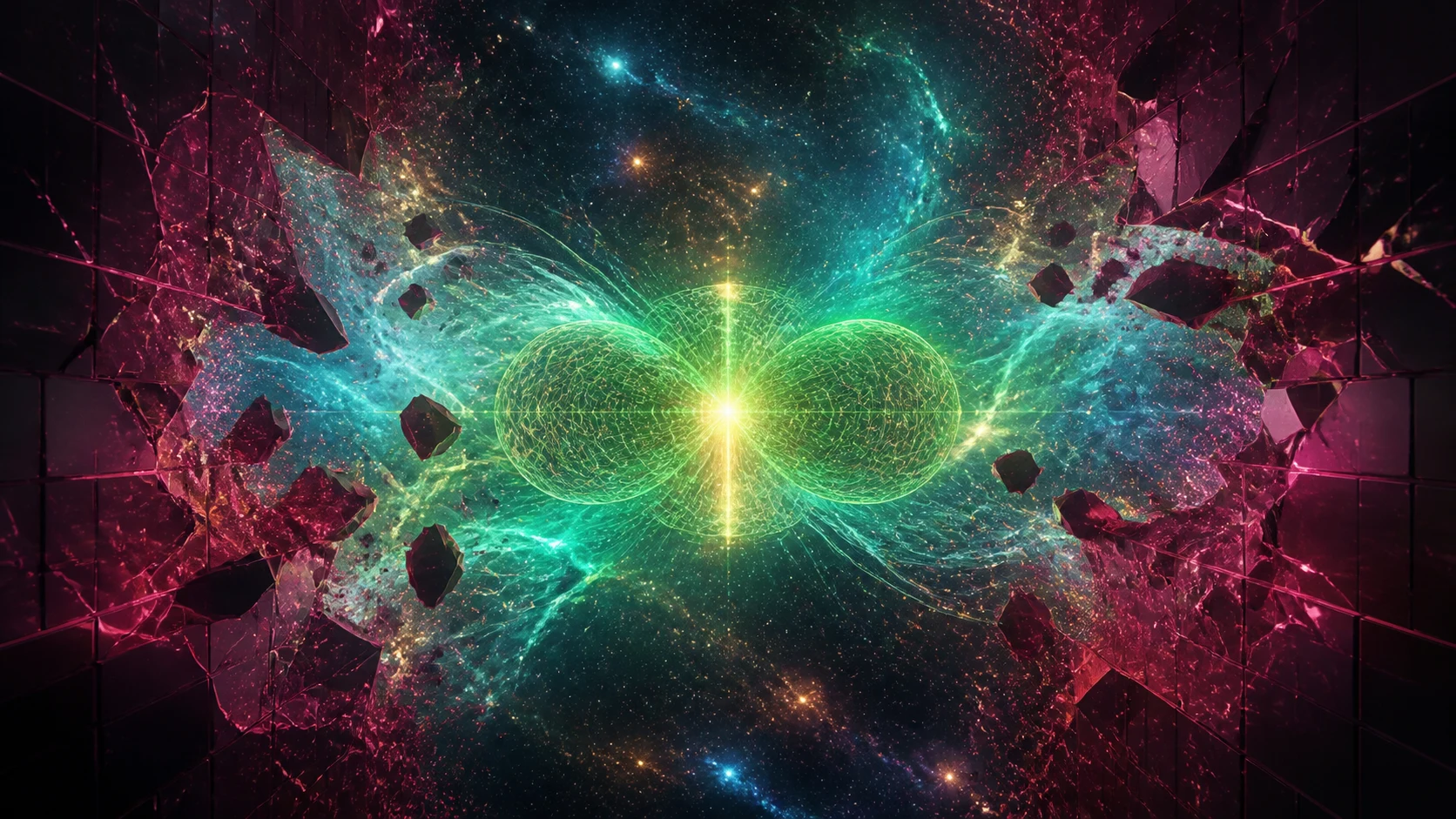 Campo esmeralda e dourado rompe uma câmara geométrica e revela um cosmos amplo.
