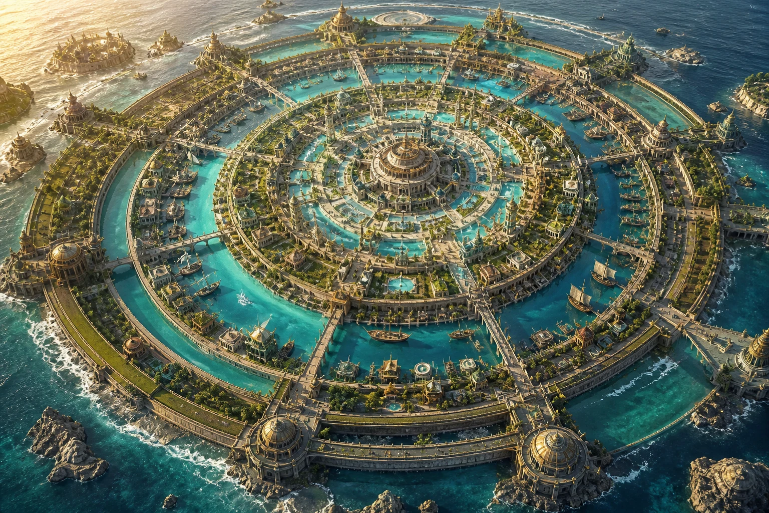 Vista aérea da cidade atlante revela anéis de terra e água, pontes, portos e um templo cristalino central.