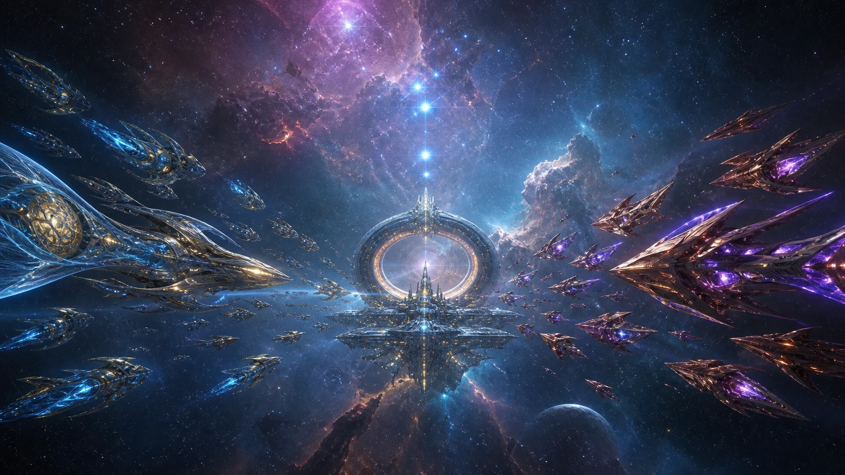 O Cinturão de Órion domina uma encruzilhada cósmica onde duas frotas aproximam-se de um portal toroidal que protege naves civis.