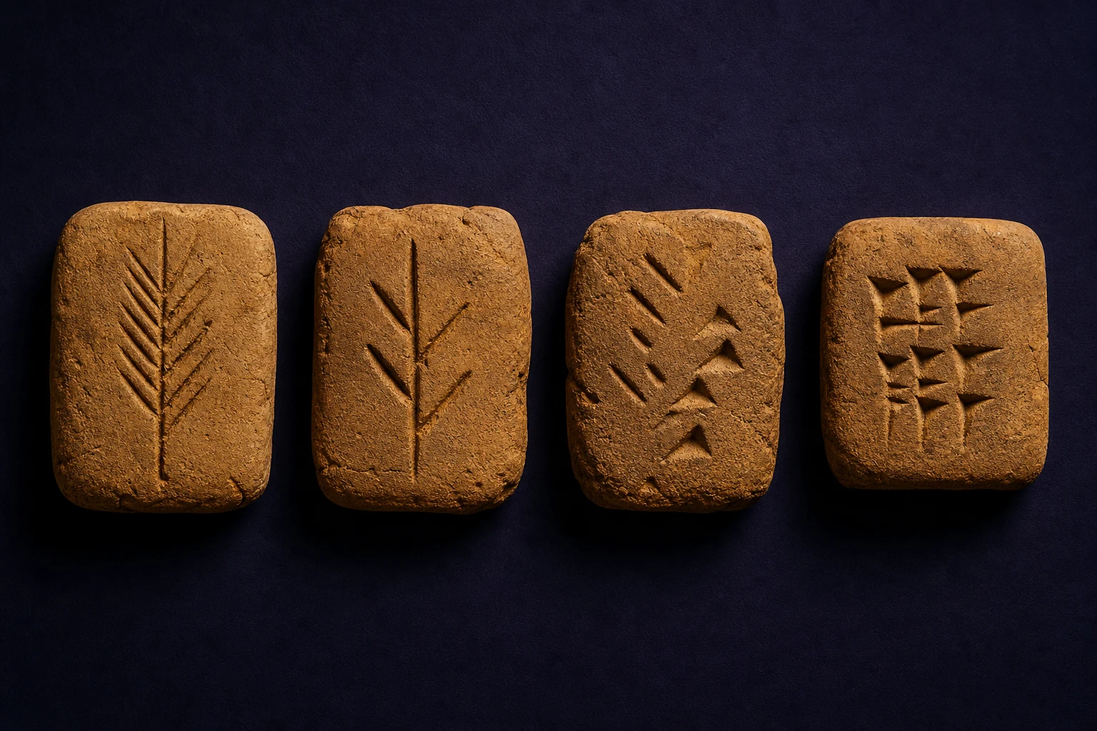 Sequência material mostra um pictograma simples desenhado na argila transformando-se gradualmente em um sinal composto por cunhas.