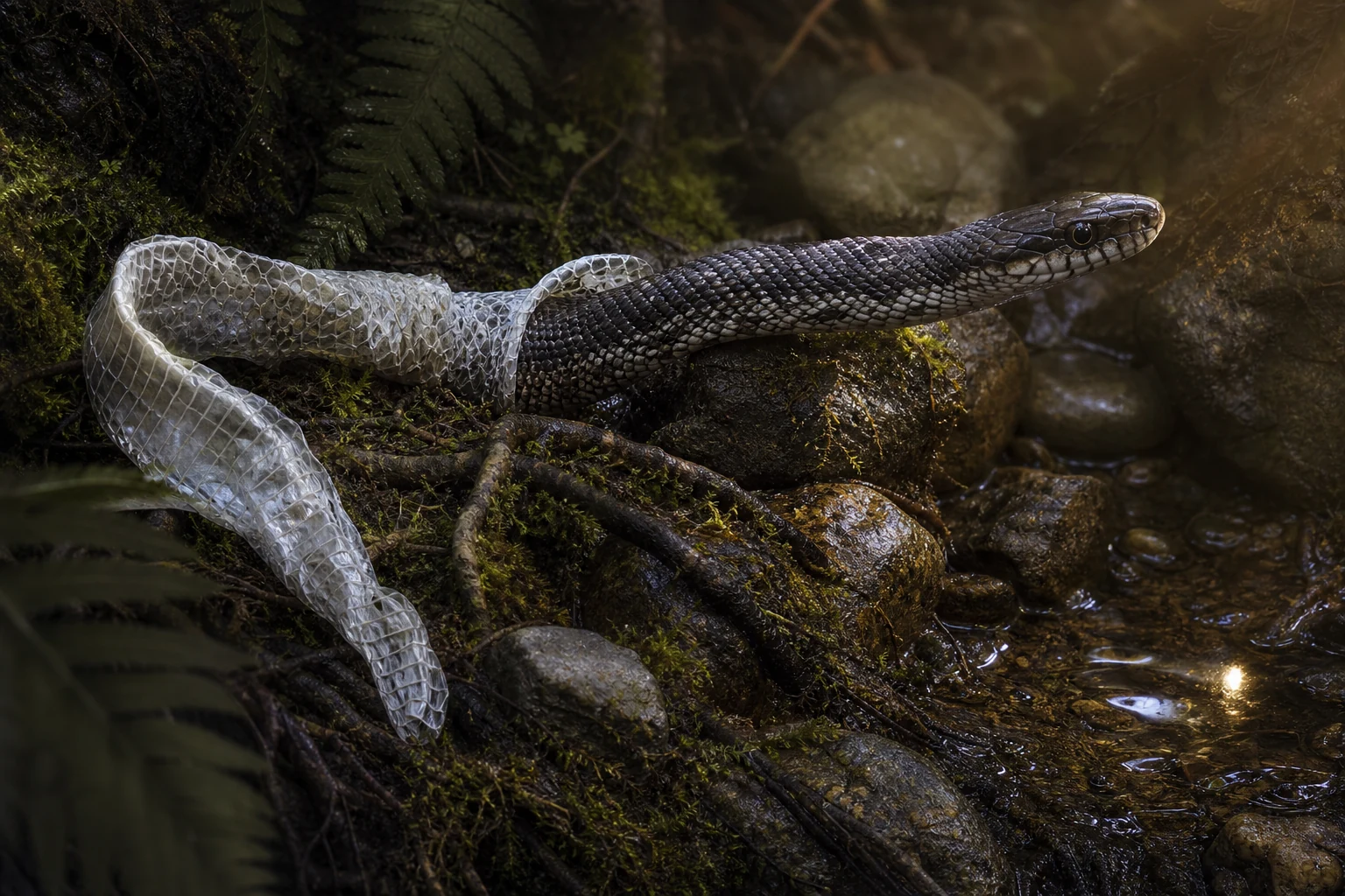 Serpente emerge de sua pele antiga entre pedras úmidas e raízes iluminadas pelo amanhecer.