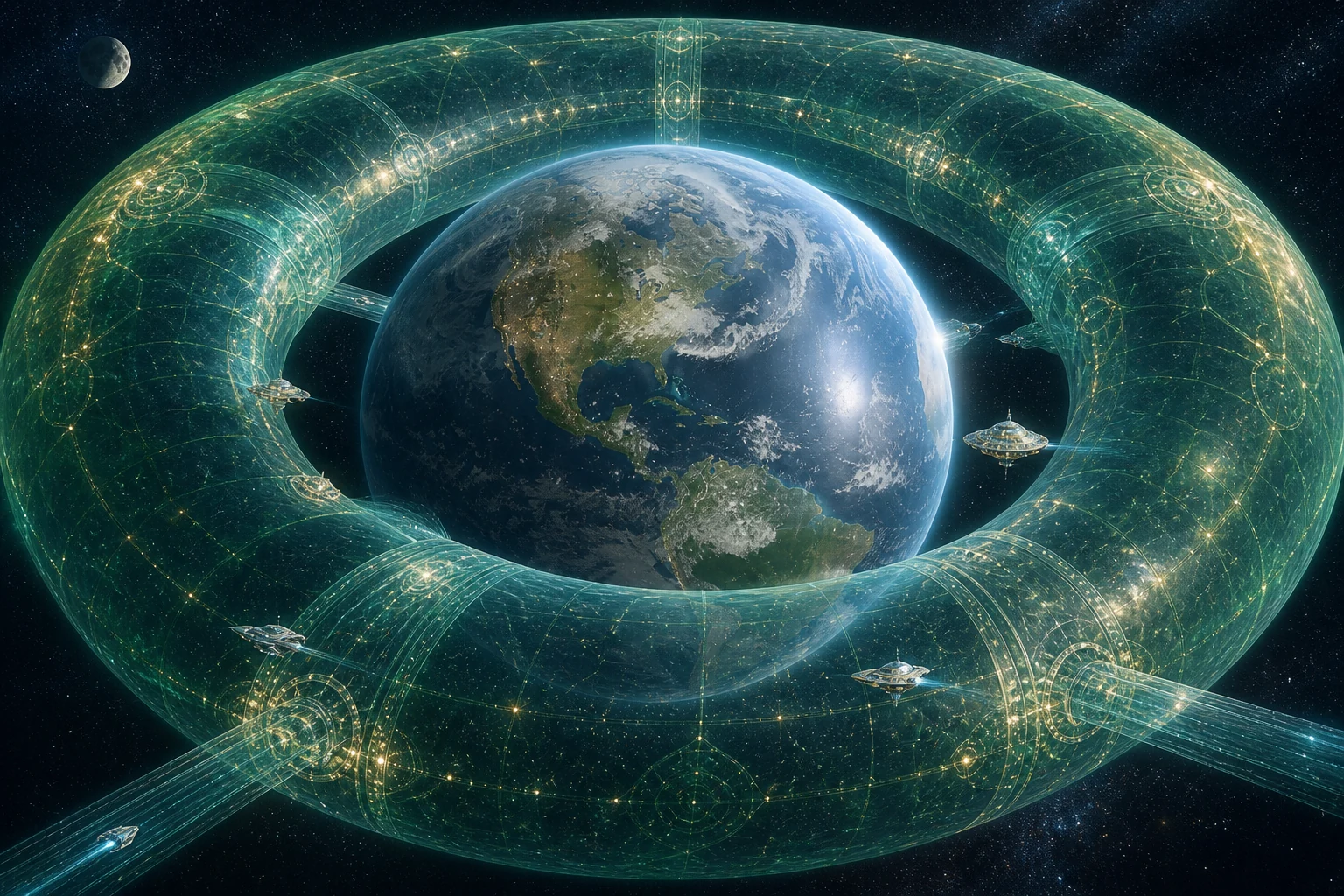 A Terra é cercada por um escudo toroidal translúcido com portões, corredores de tráfego e naves de monitoramento.