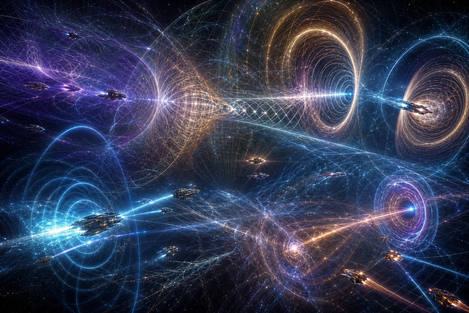 Frotas pequenas enfrentam ondas de frequência, escudos geométricos, portais desviados e campos toroidais em interferência.