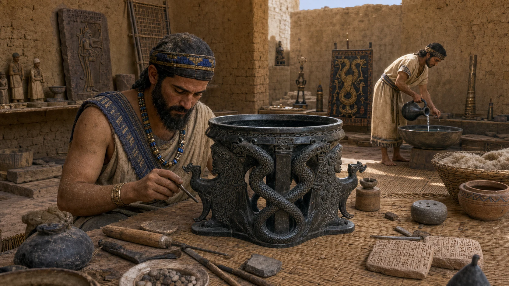 Artesão de Girsu trabalha em um vaso escuro com serpentes interlaçadas enquanto um assistente prepara uma libação.