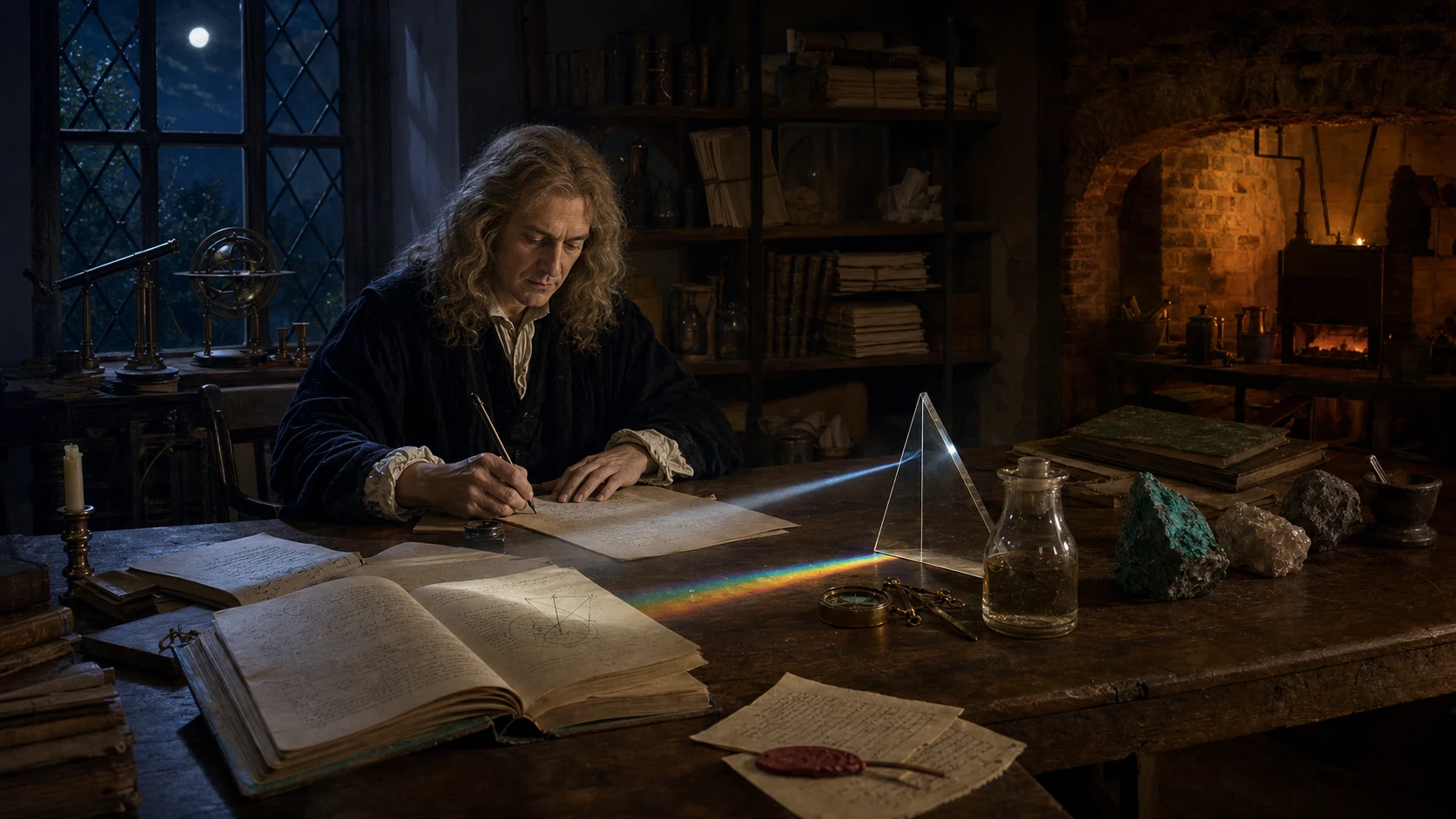 Isaac Newton escreve diante de um manuscrito alquímico enquanto um prisma, um forno e um vaso de vidro dividem a mesma mesa.