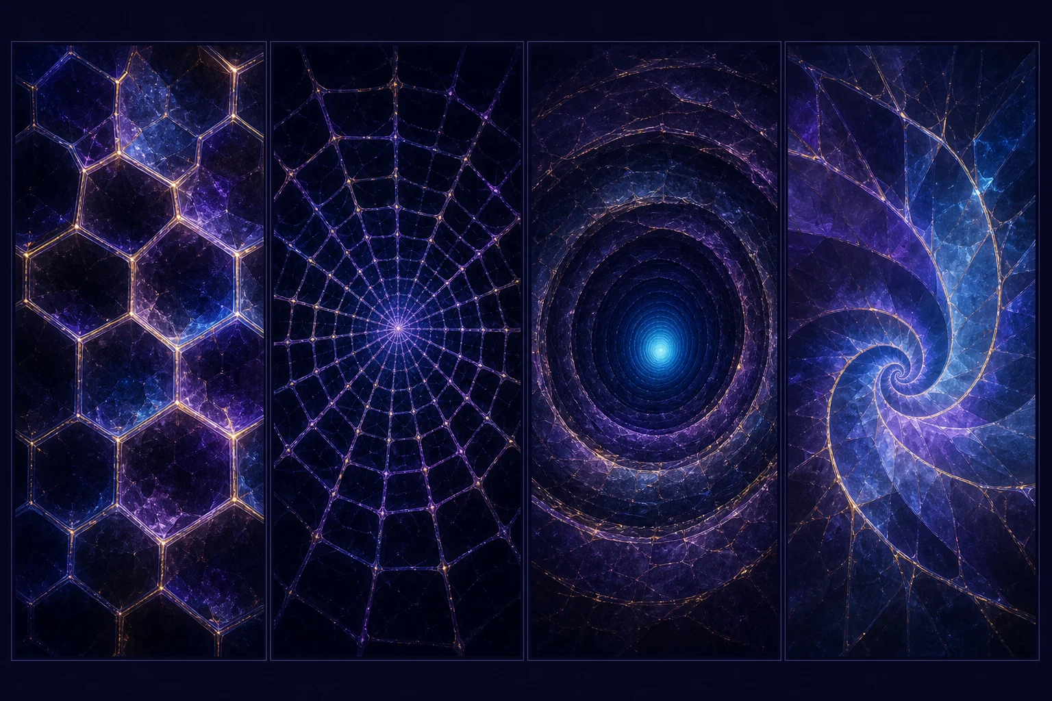 Quatro painéis abstratos mostram uma grade, uma teia radial, um túnel concêntrico e uma espiral luminosa.