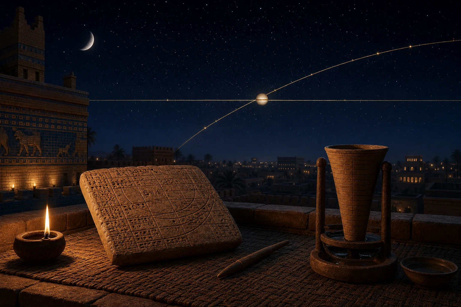 Júpiter cruza uma faixa simbólica do céu babilônico sobre linhas de constelações e uma tábua com marcas astronômicas.