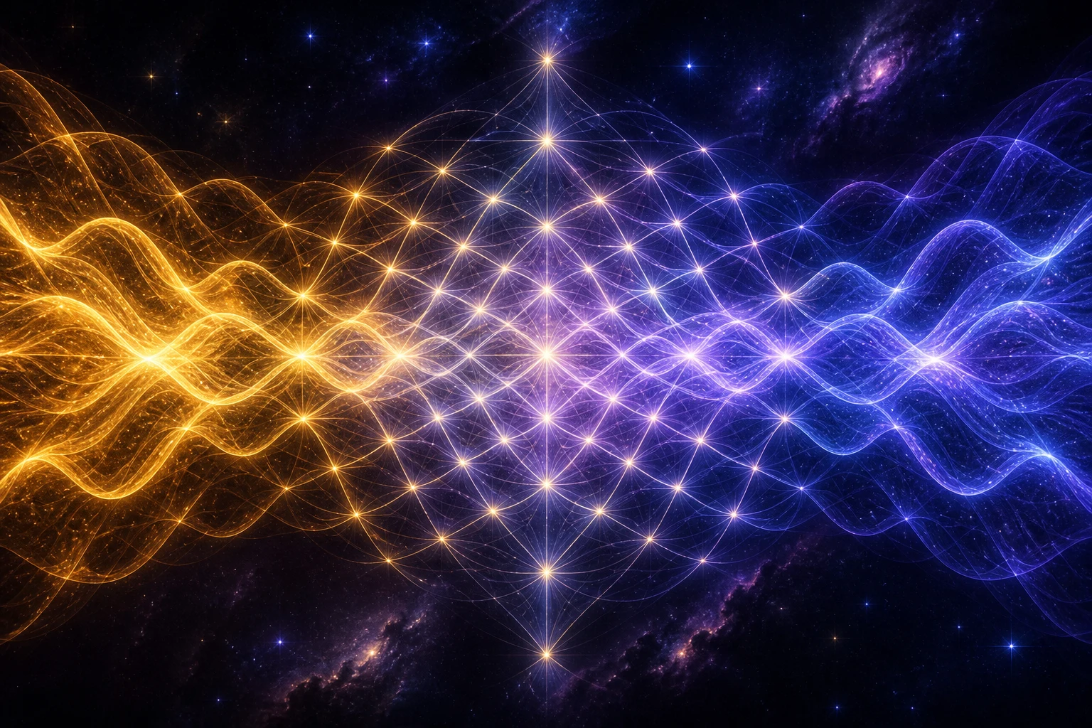 Ondas douradas e índigo cruzam-se e formam uma rede de nós luminosos.