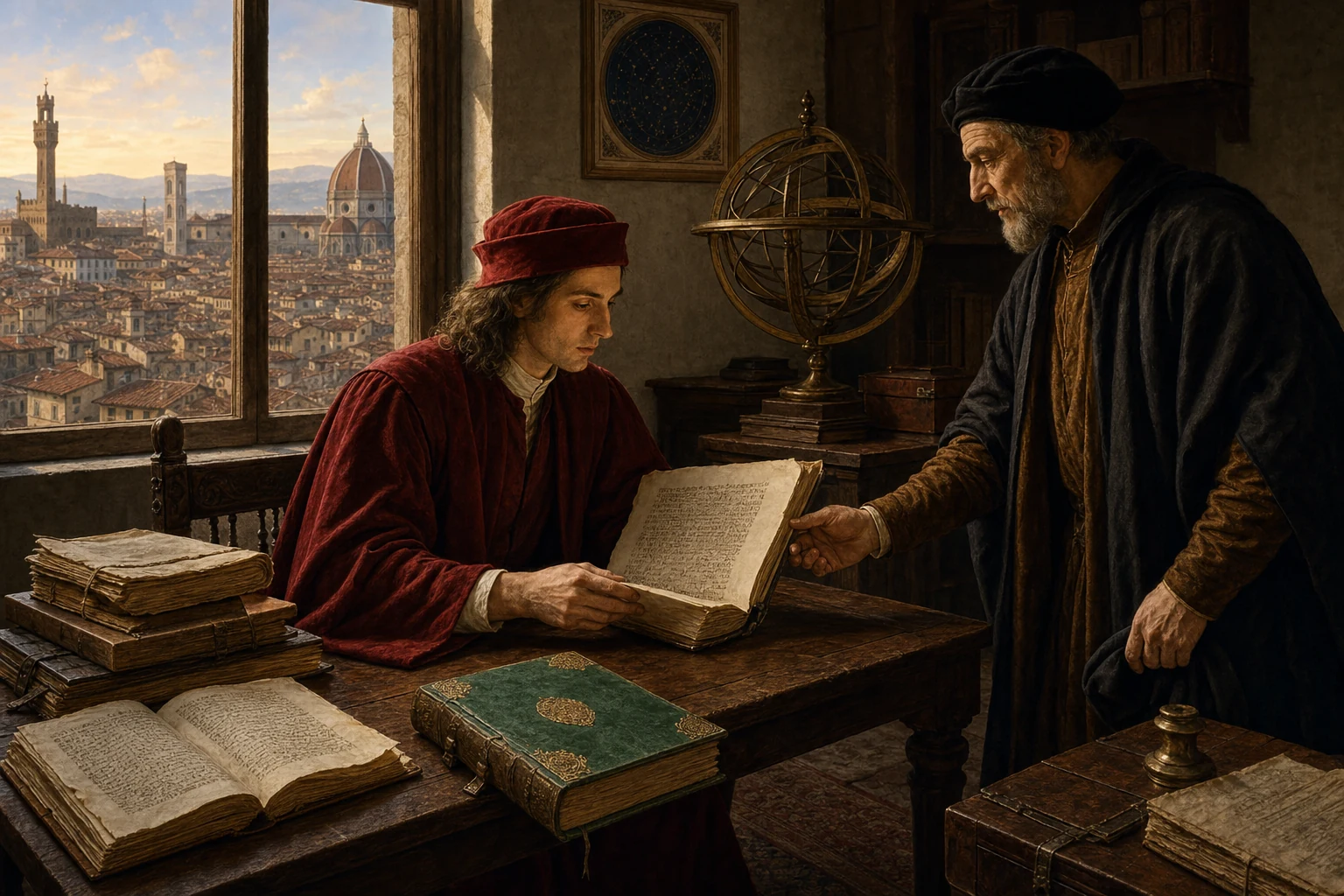Marsilio Ficino recebe um manuscrito grego em uma biblioteca florentina enquanto traduções, esferas celestes e livros de Platão cercam a mesa.