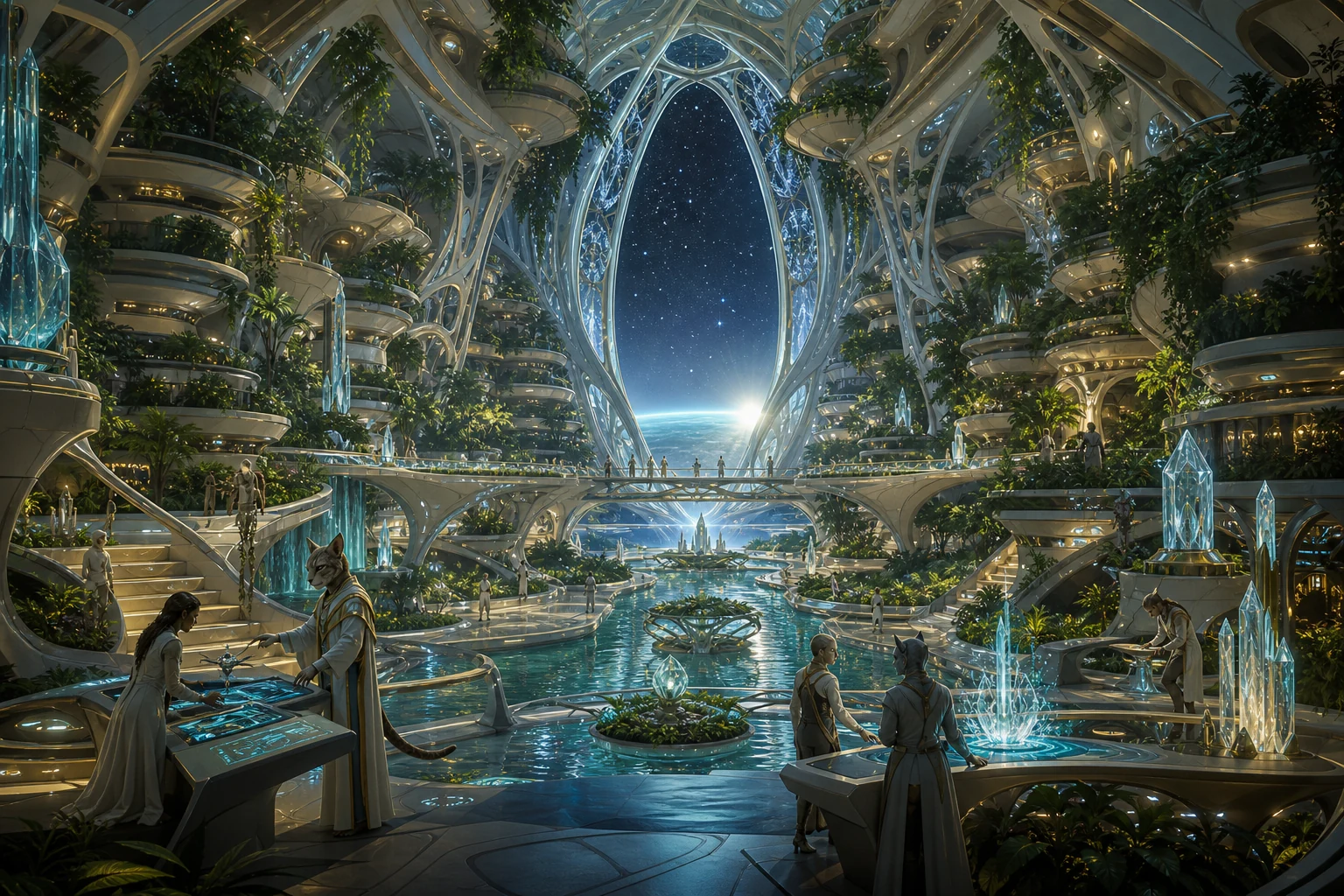O interior de uma nave-mãe reúne jardins, água, cristais, observatórios e tripulantes de espécies diferentes.