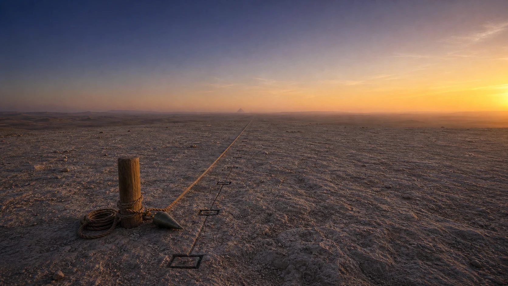 Corda de medição atravessa marcas geométricas no solo e segue visualmente até o horizonte iluminado pelo amanhecer.