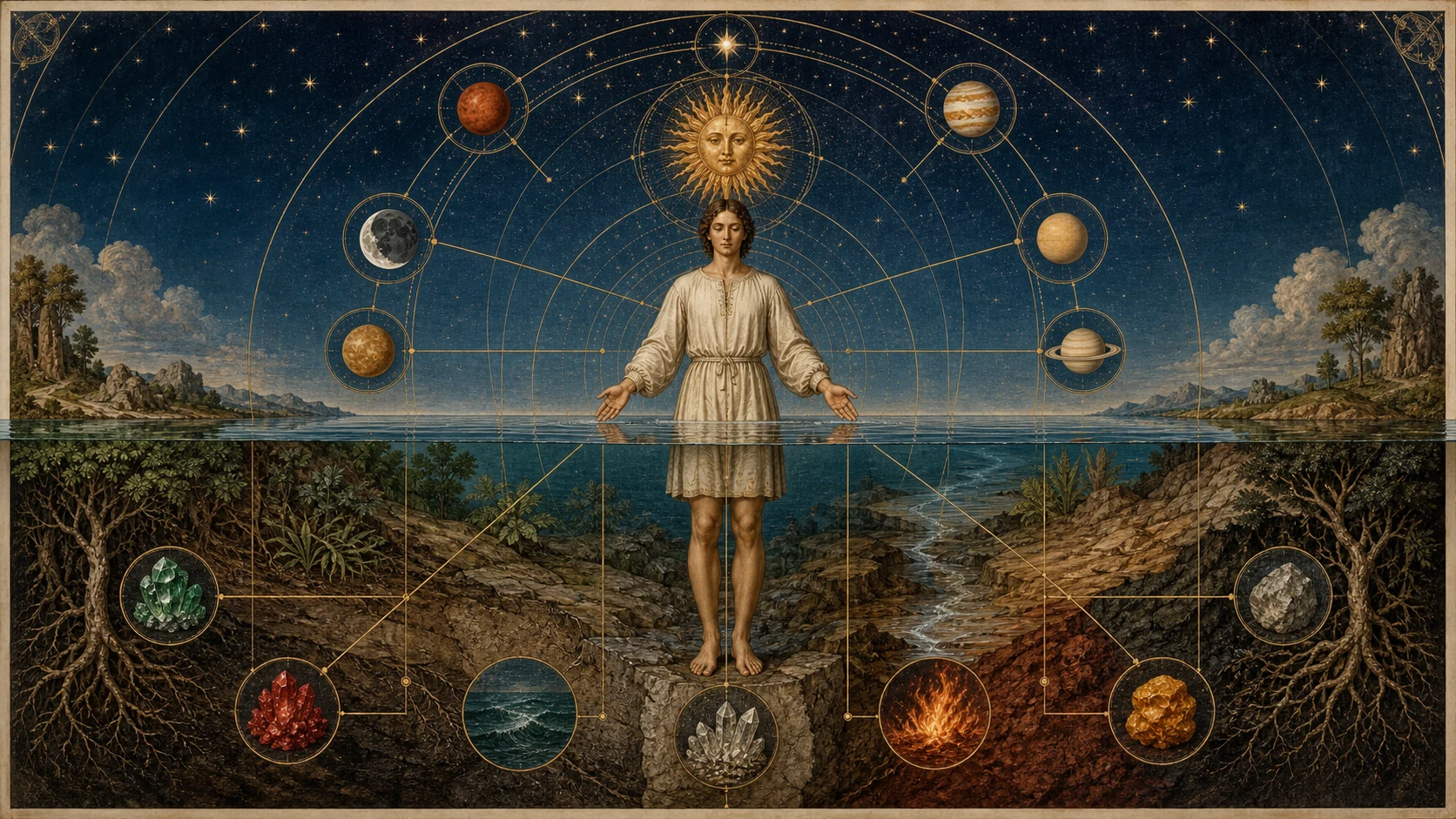 Figura humana entre um céu estrelado e uma paisagem terrestre é atravessada por linhas que conectam órgãos, elementos, astros e estações.
