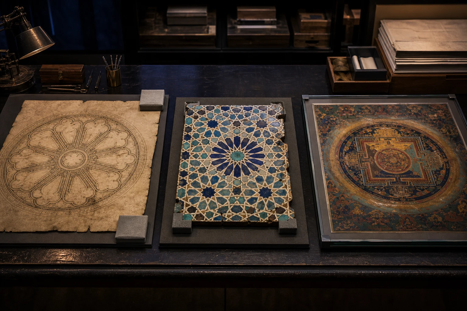 Traçado de rosácea gótica, painel de azulejos geométricos islâmicos e mandala tibetana dispostos separadamente em uma mesa de conservação.