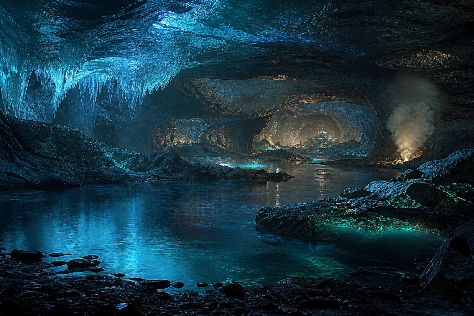 Lago subglacial conecta cavernas de rocha aquecida, canais luminosos e uma arquitetura distante sob o gelo.