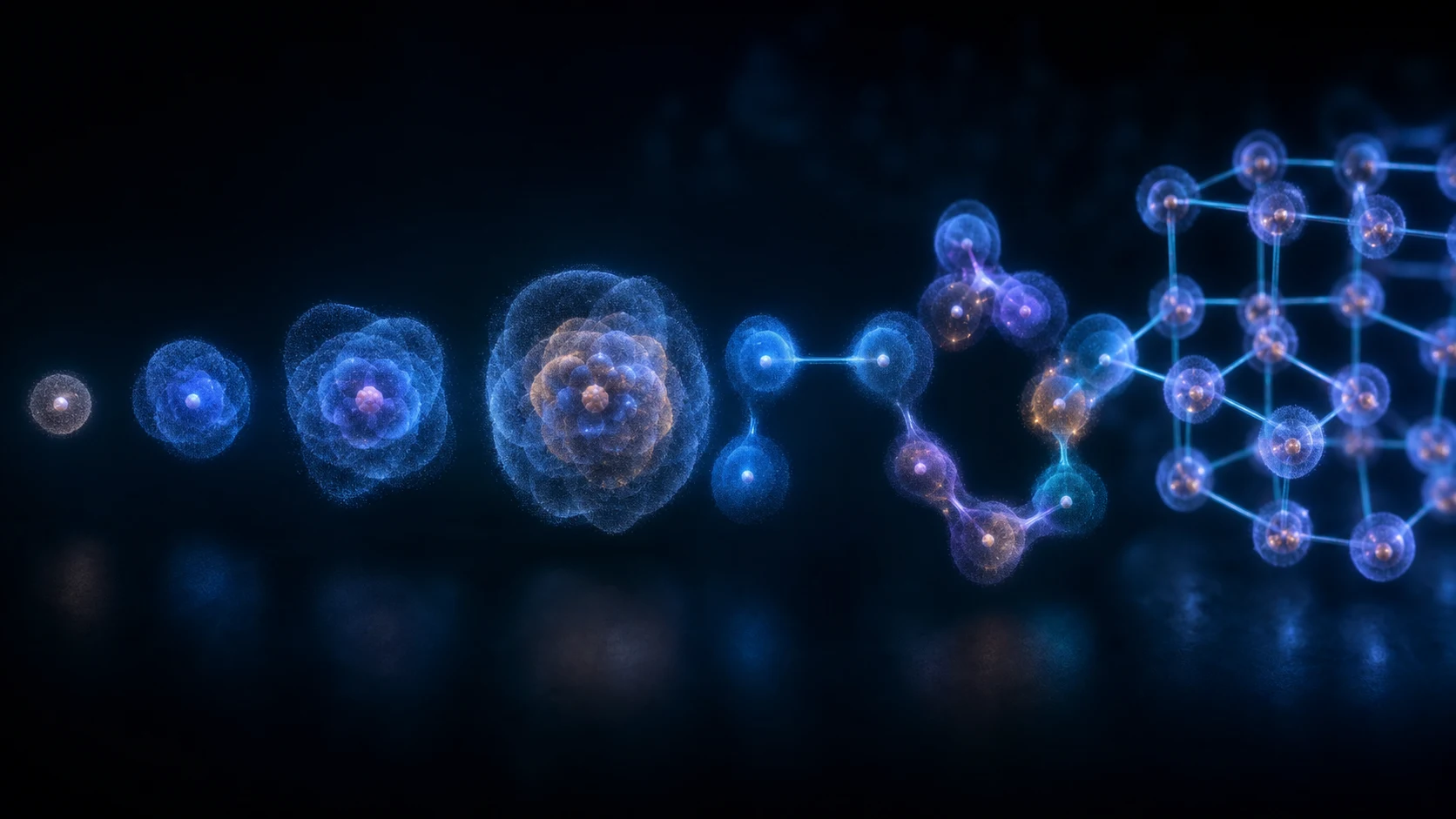 Sequência de átomos com nuvens eletrônicas distintas forma moléculas e termina em uma rede cristalina.