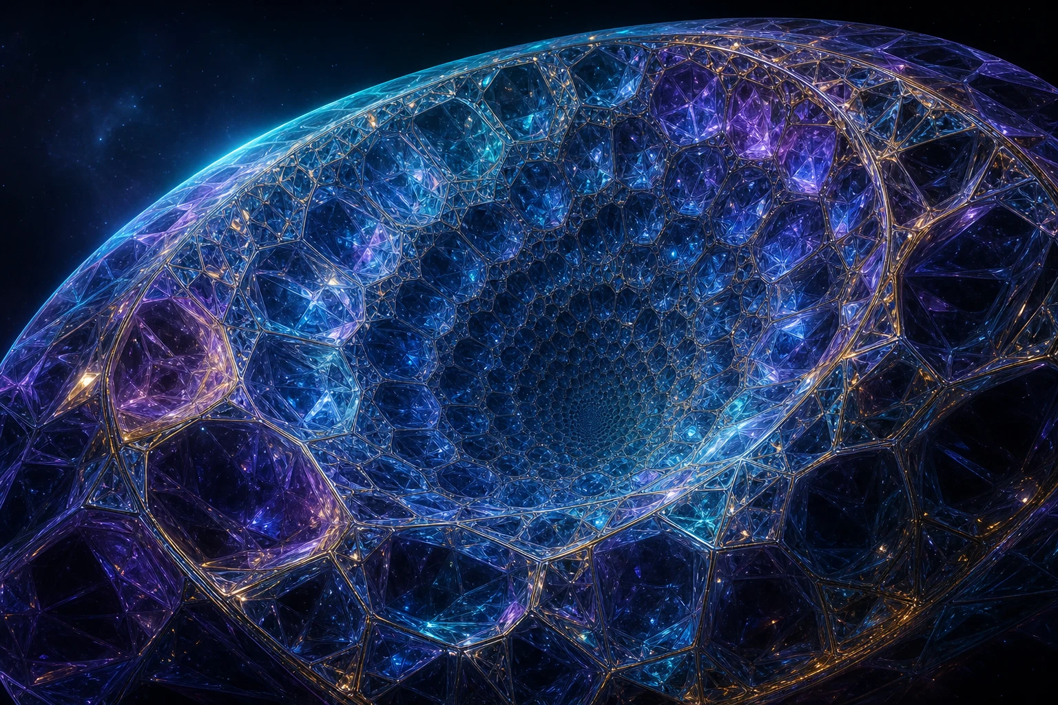 Tesselação de polígonos iridescentes ramifica-se em profundidade dentro de um espaço de curvatura negativa.