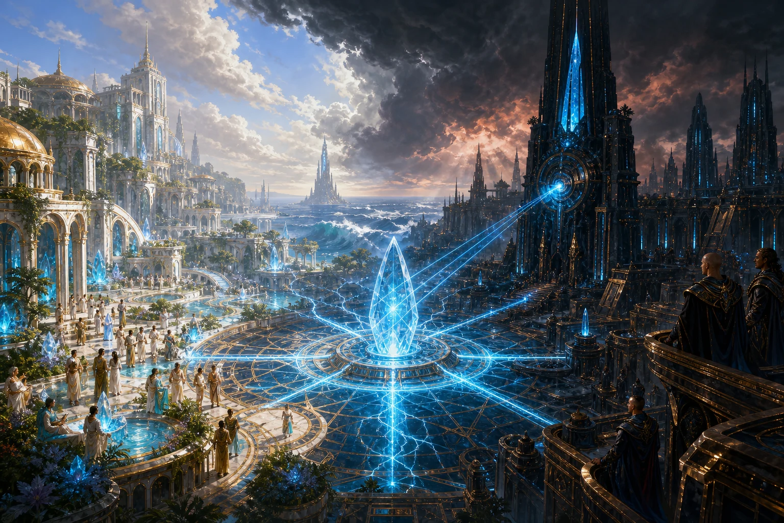 A cidade atlante divide-se entre um templo luminoso e uma torre de controle enquanto o cristal se sobrecarrega e o oceano se agita.