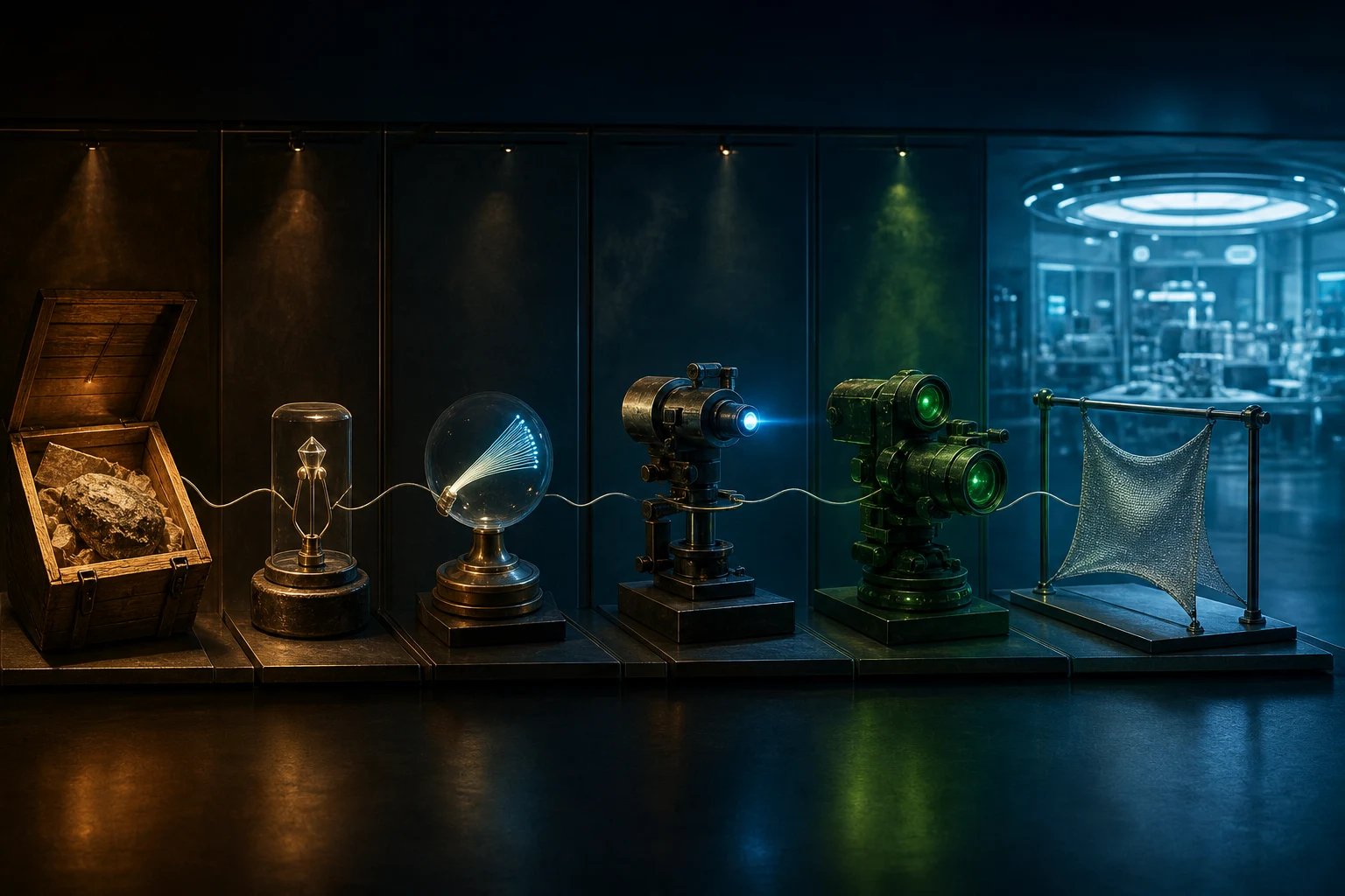 Fragmentos recuperados originam uma árvore visual de circuitos, fibras ópticas, lasers, visão noturna e materiais avançados.