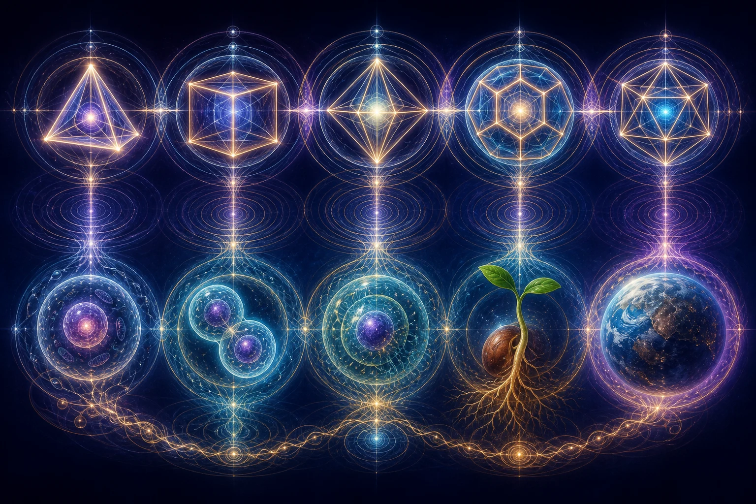 Sólidos geométricos luminosos transformam-se progressivamente em esfera, célula, semente e planeta.