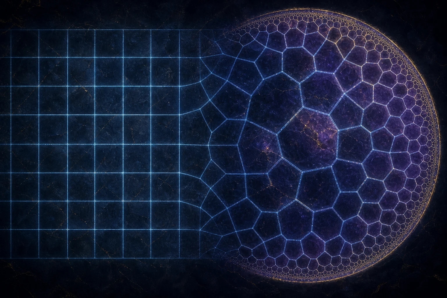 Comparação visual entre uma grade plana regular e uma tesselação curvada que se multiplica dentro de um disco.