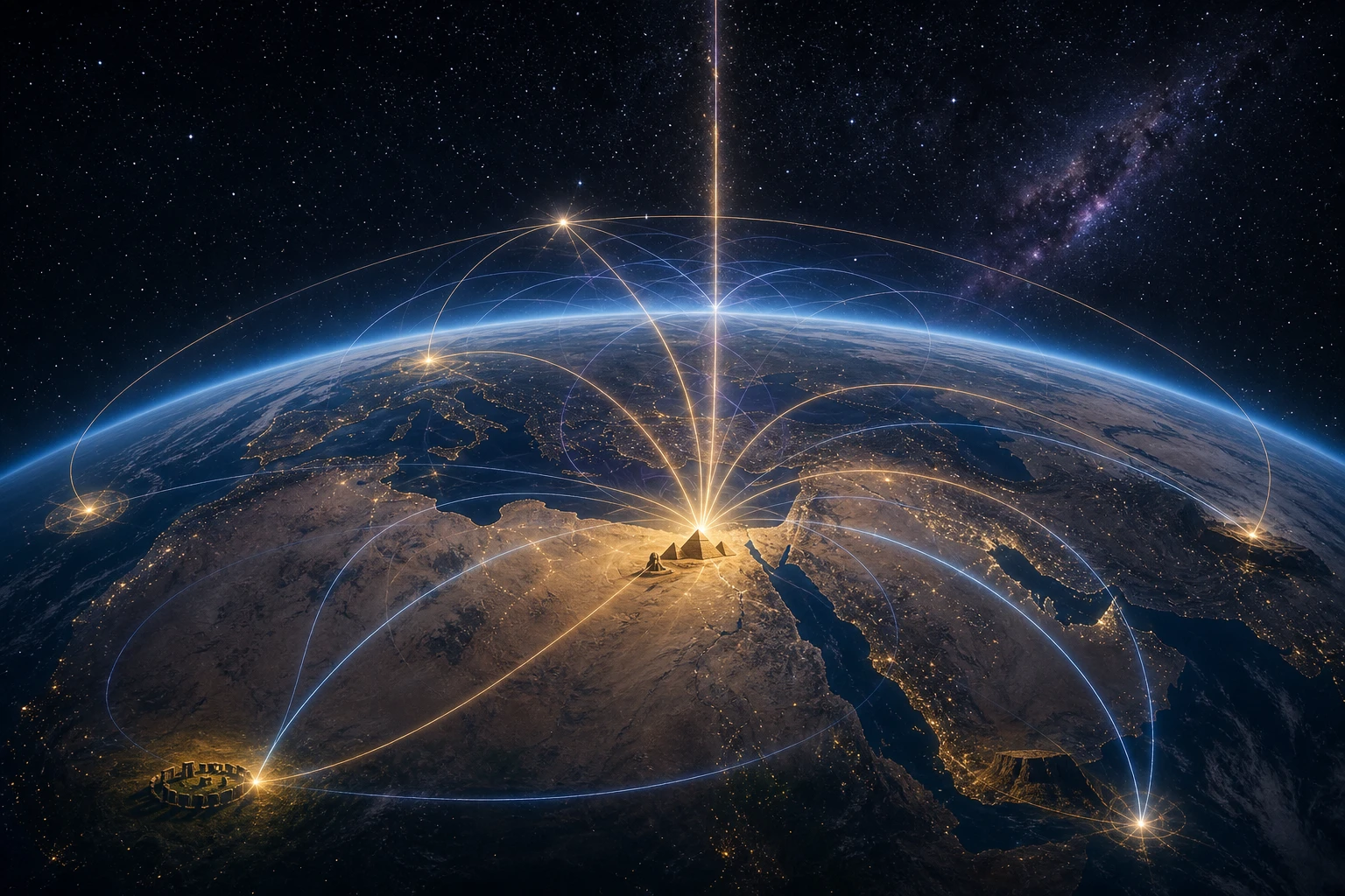 Vista orbital da Terra mostra Gizé conectado por arcos luminosos a outros pontos monumentais e ao espaço profundo.