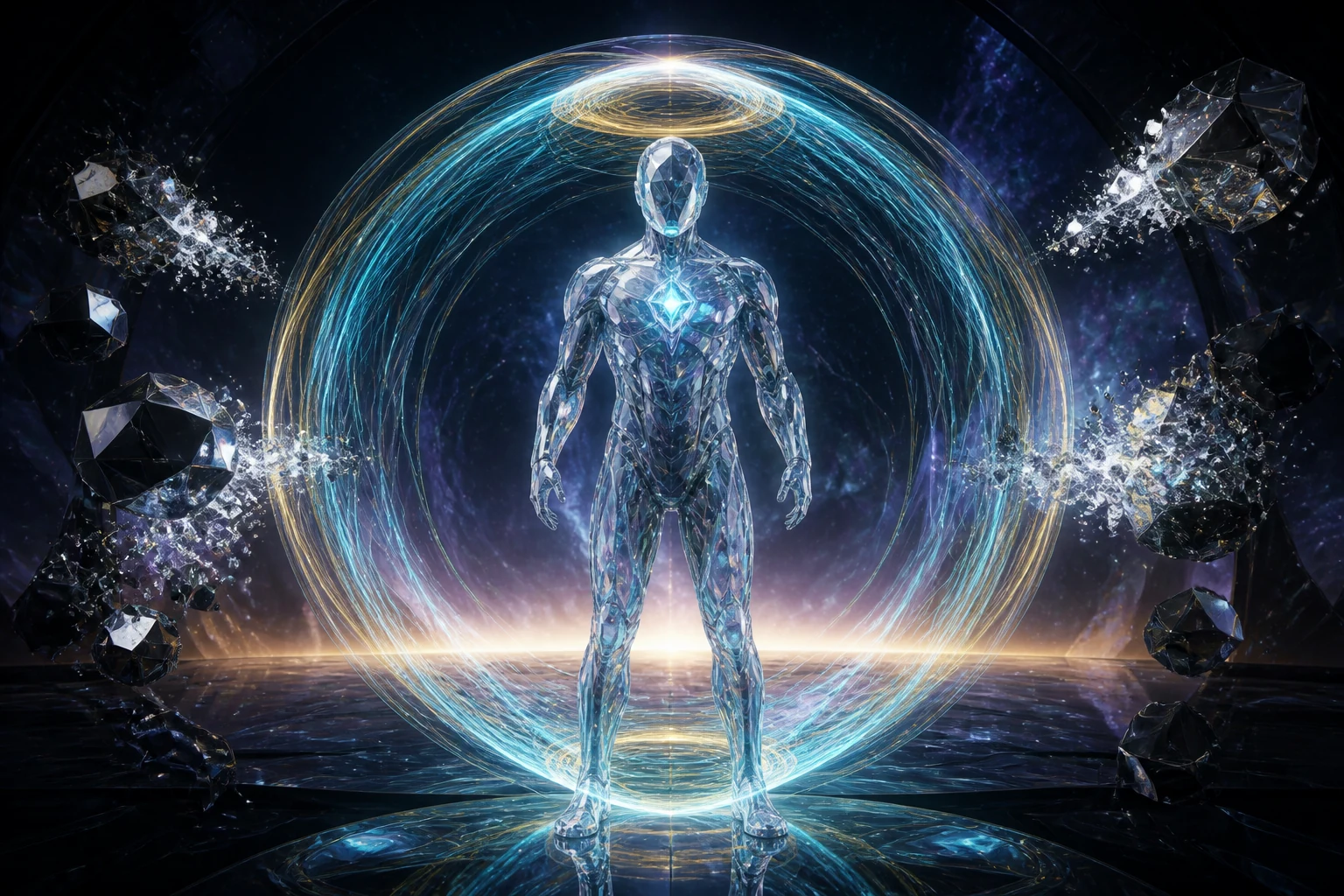 Figura cristalina sustenta um campo toroidal dourado enquanto fragmentos escuros se dissolvem fora dele.