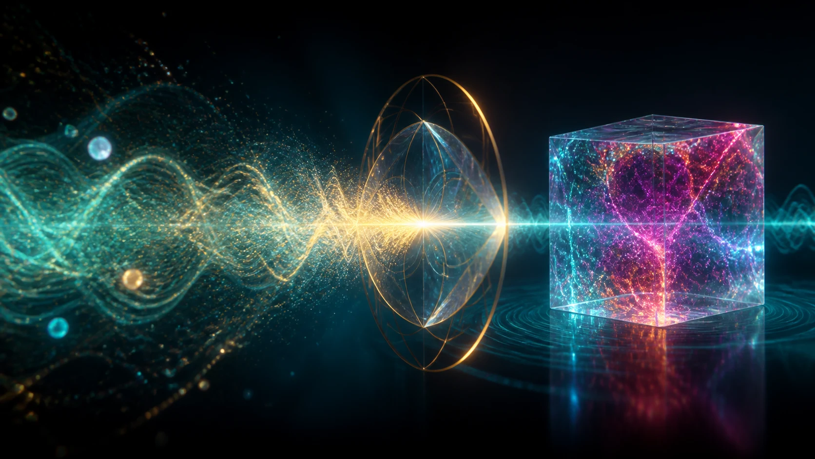 Ondas e partículas atravessam uma lente luminosa e se estabilizam como um cubo cristalino.