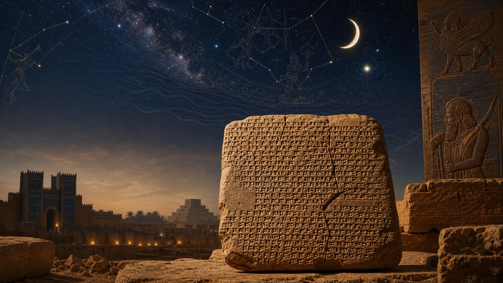 Tábua cuneiforme diante de Babilônia sob um céu com Lua, Júpiter e constelações inspiradas na Mesopotâmia.