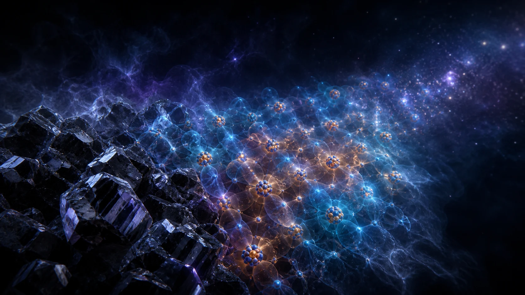 Cristal escuro se transforma em uma rede luminosa de núcleos e nuvens de probabilidade eletrônica.