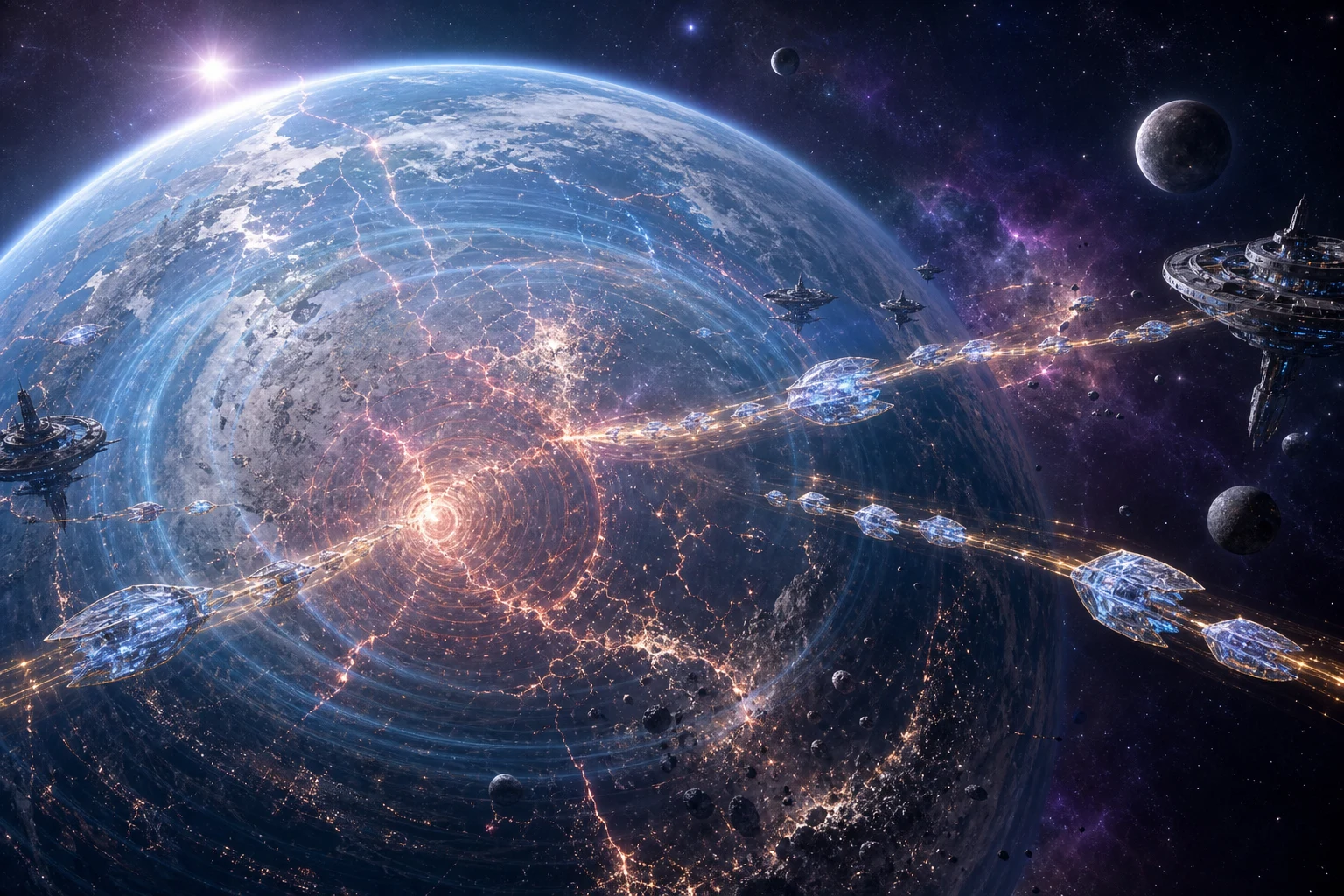 Um mundo visto do espaço é atravessado por ondas e fissuras de energia enquanto naves protegem corredores de evacuação entre destroços.