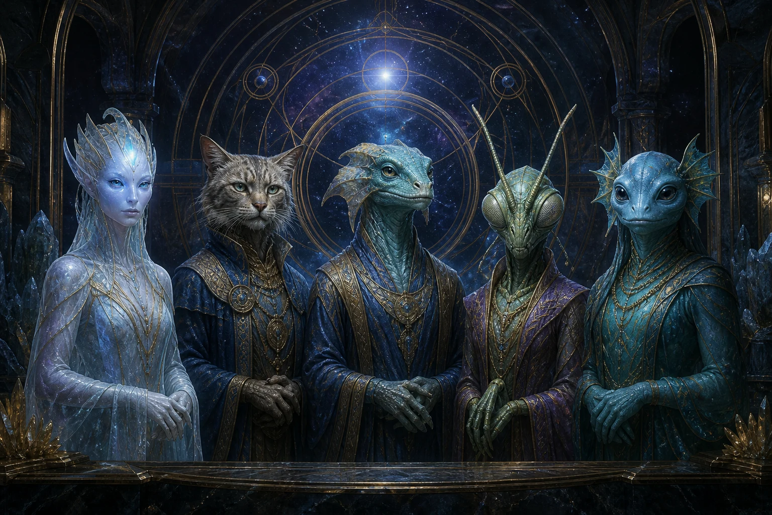 Cinco emissários extraterrestres representam formas humanoide luminosa, felina, sauróide, insetoide e aquática.
