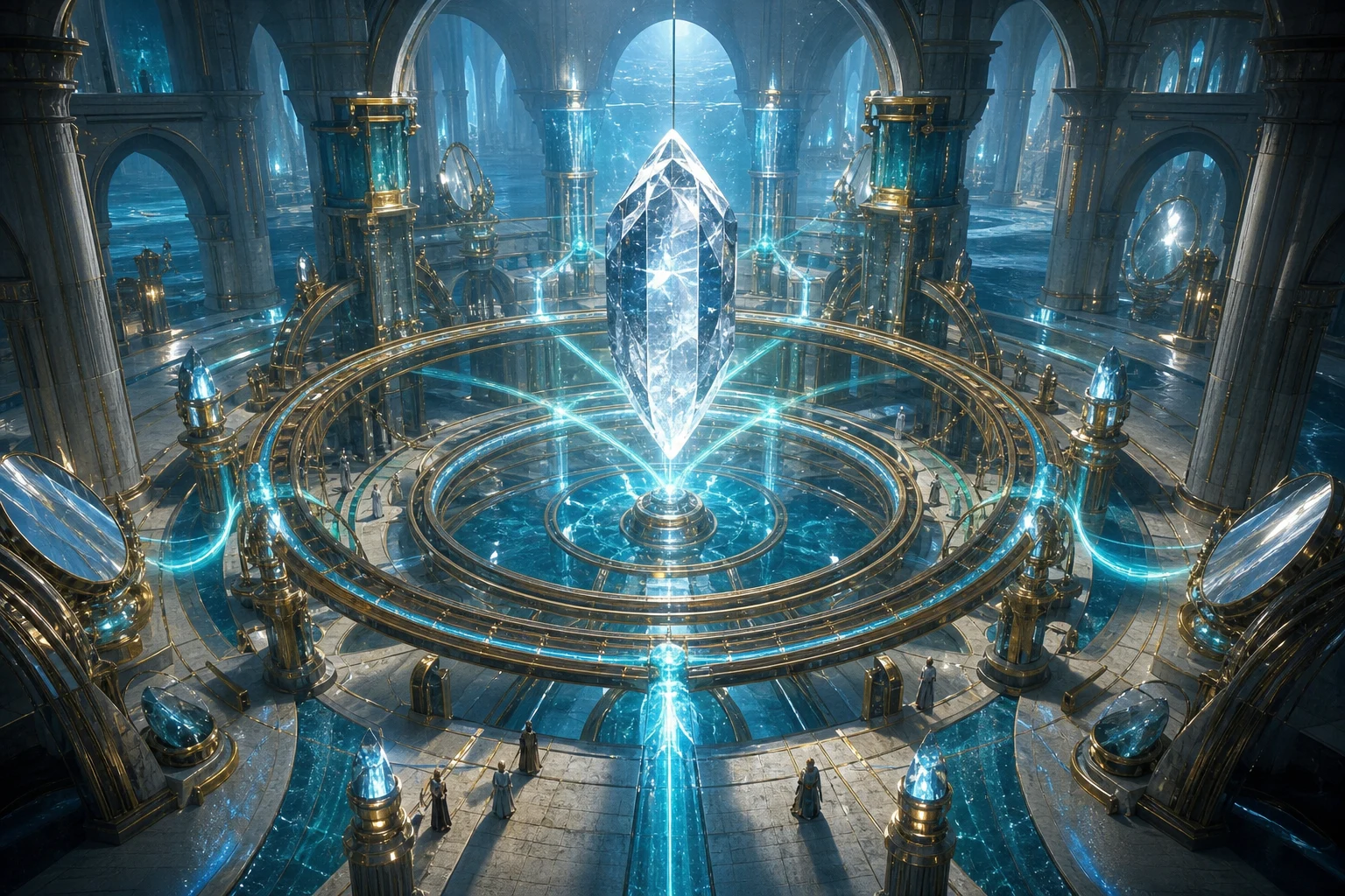Um cristal Tuaoi monumental flutua sobre água, cercado por anéis e torres que distribuem energia azul e dourada.