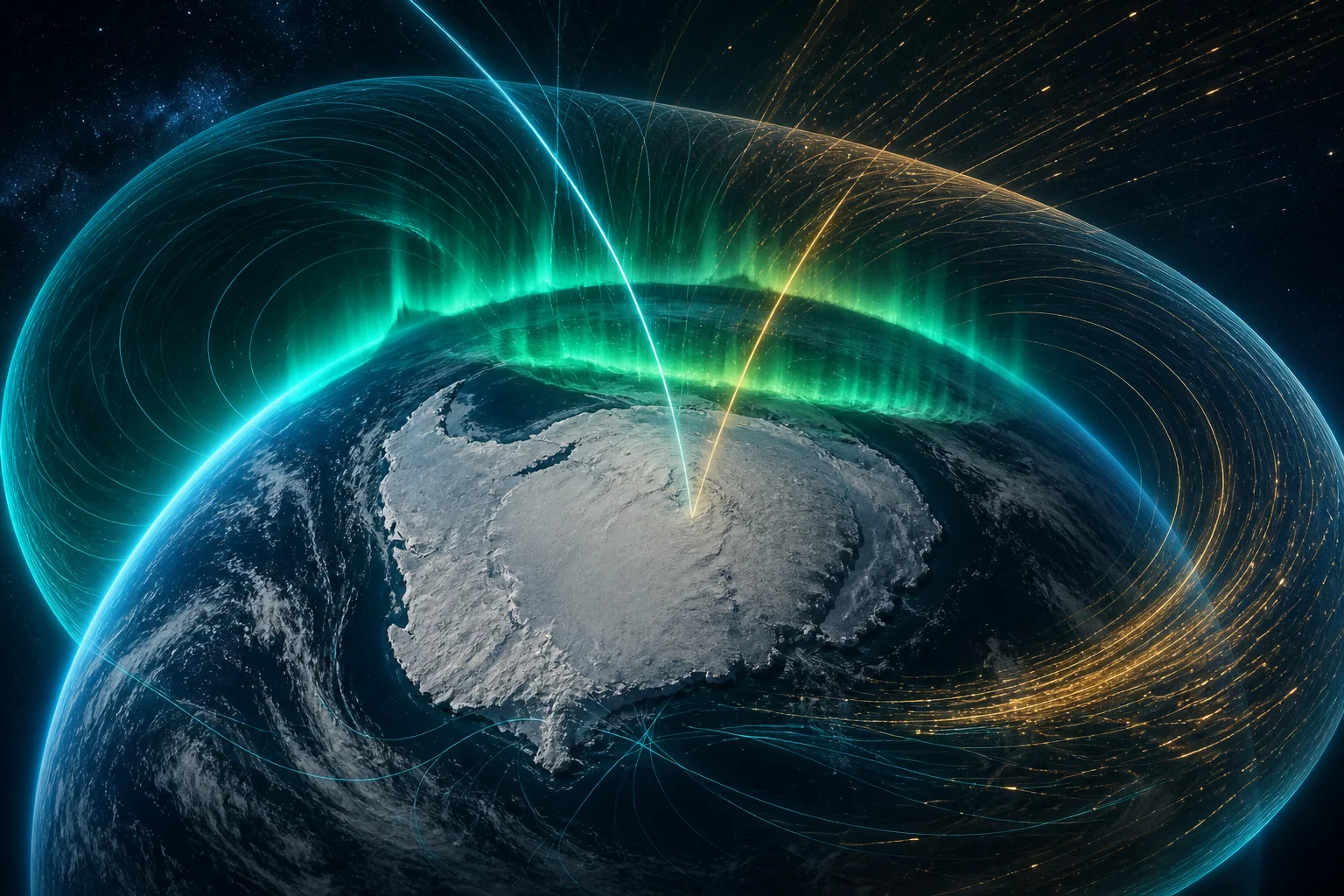 Linhas magnéticas toroidais envolvem a Terra e convergem em centros ligeiramente deslocados sobre a Antártida.