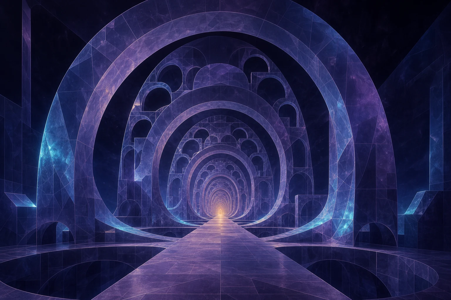 Corredor abstrato formado por arcos geométricos que se multiplicam em direção a um centro luminoso.