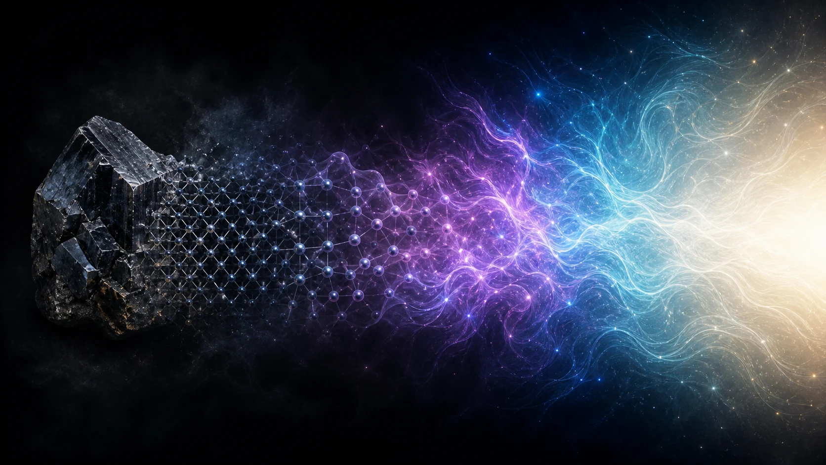 Cristal mineral escuro se transforma em rede geométrica, partículas violetas e ondas de luz.