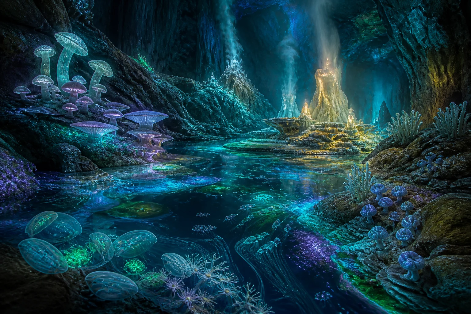 Ecossistema subterrâneo bioluminescente cresce ao redor de fontes minerais e águas aquecidas sem luz solar.