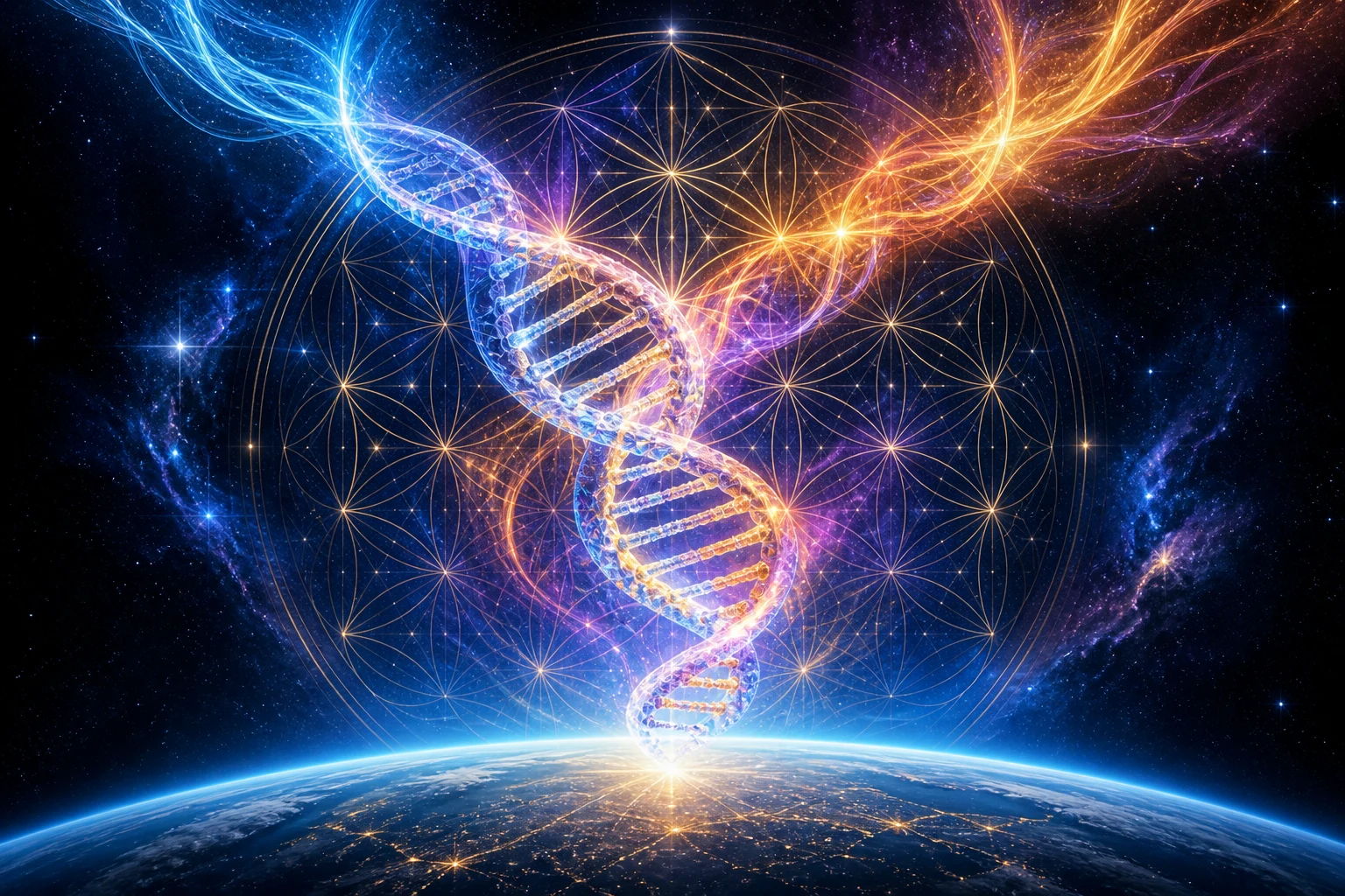 Correntes azul e âmbar-violeta unem-se numa hélice de DNA cristalino cercada pela Flor da Vida sobre a Terra.