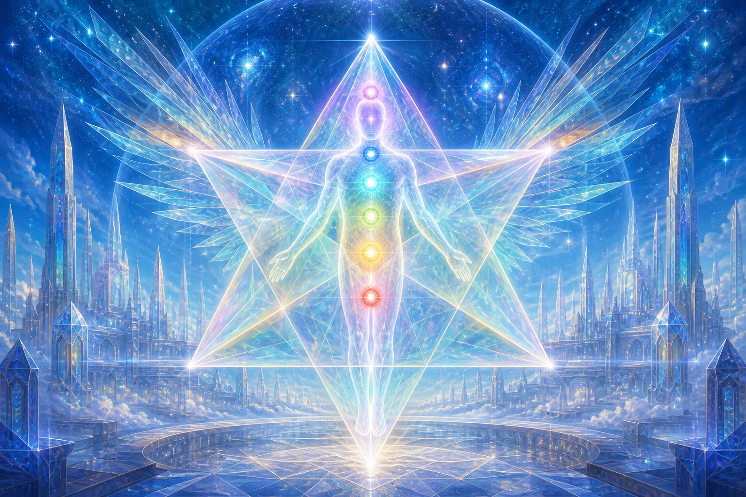 Corpo de luz sem rosto ocupa uma merkaba radiante diante de uma cidade azul e branca formada por geometria.