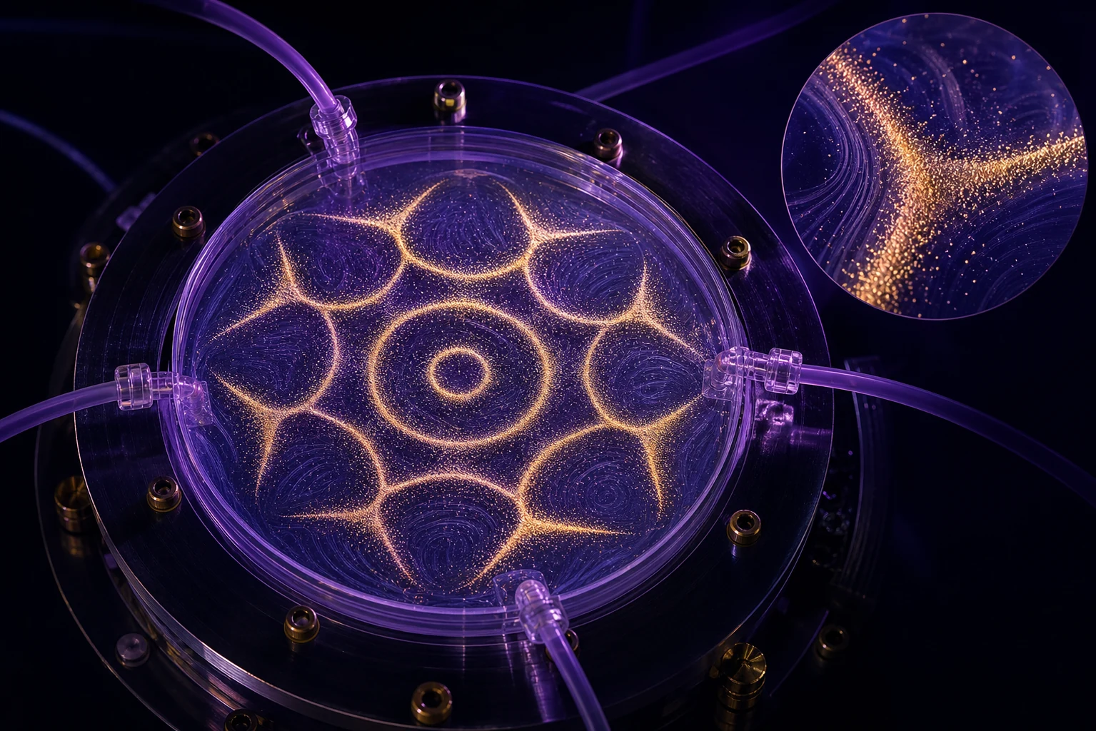 Reconstituição artística de partículas douradas organizadas em líquido dentro de uma câmara microfluídica circular iluminada em violeta.