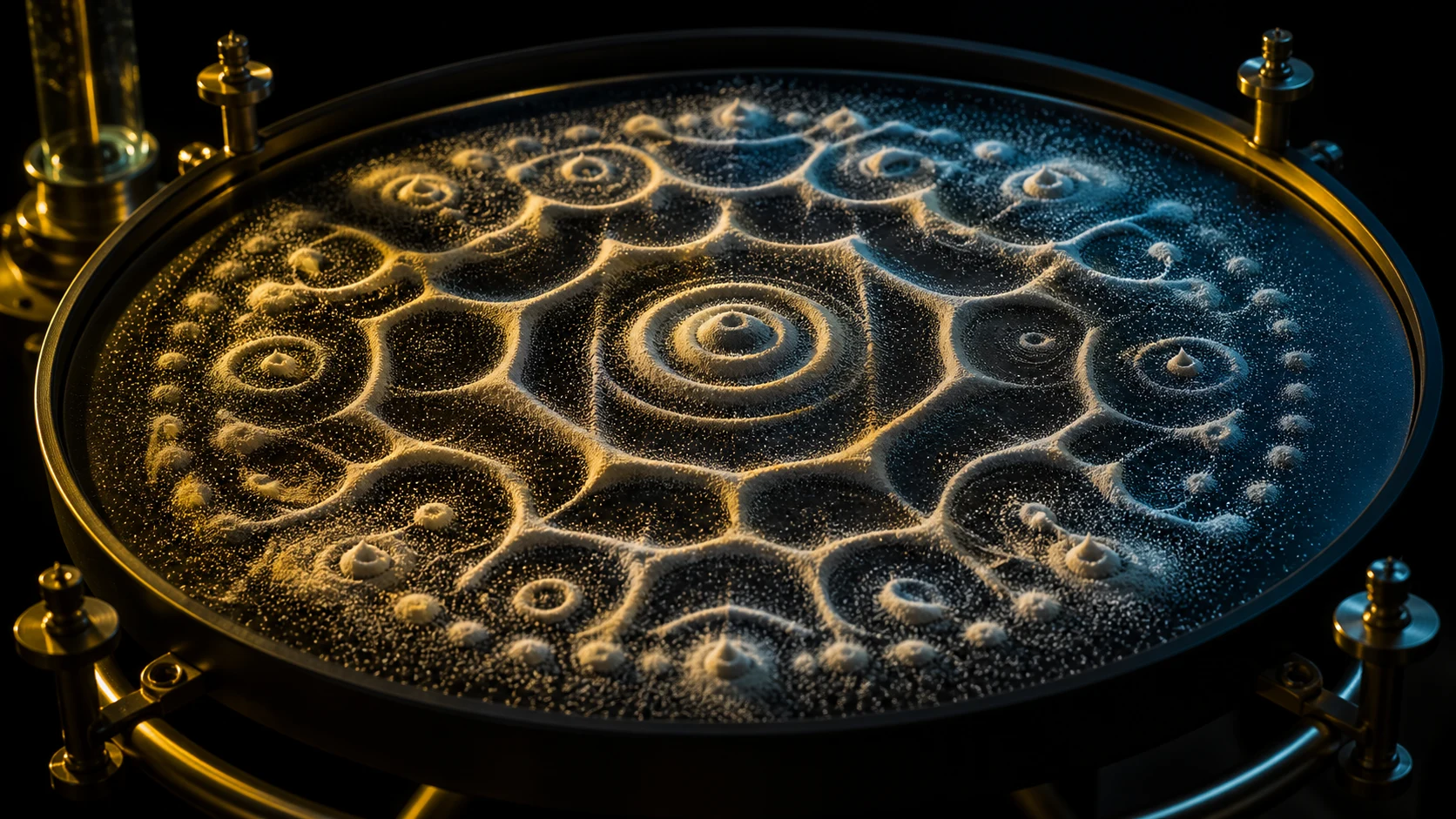 Ondas concêntricas transformam poeira mineral e pontos de luz em uma geometria radial luminosa.