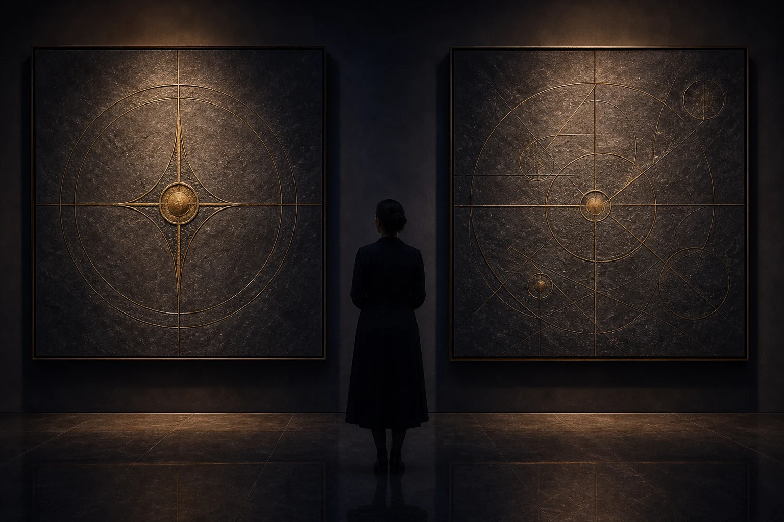 Visitante observa dois painéis de pedra e latão, um simétrico e outro irregular, em uma galeria escura.