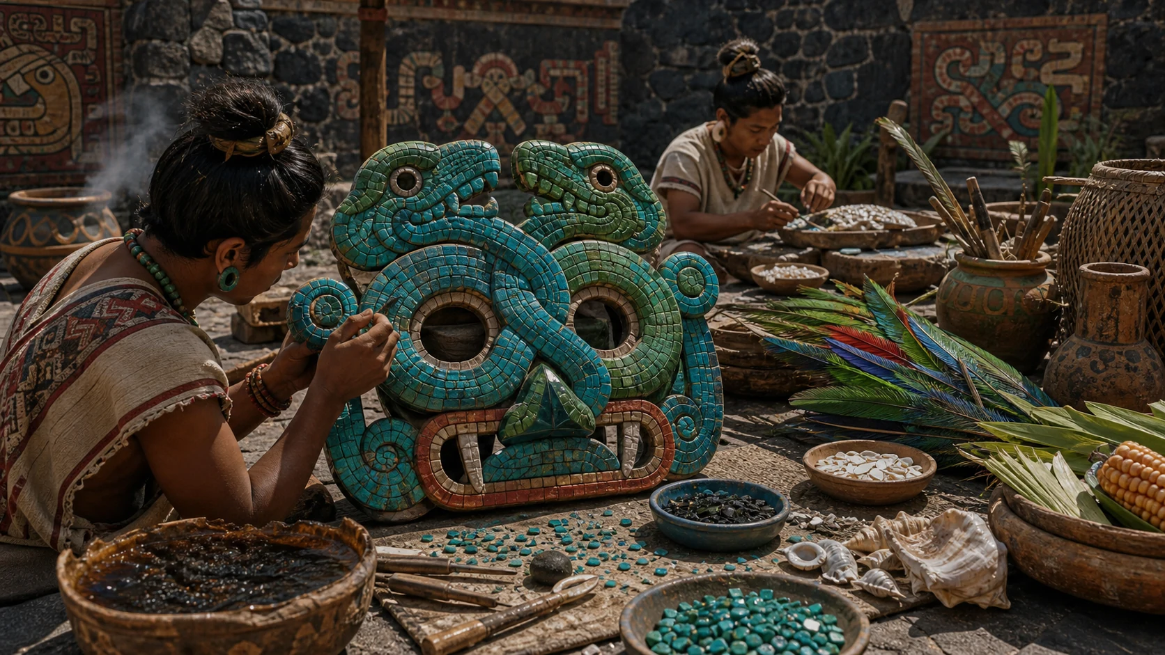 Artesãos mesoamericanos montam uma máscara ritual com duas serpentes de mosaico azul e verde entre conchas, resina e penas.