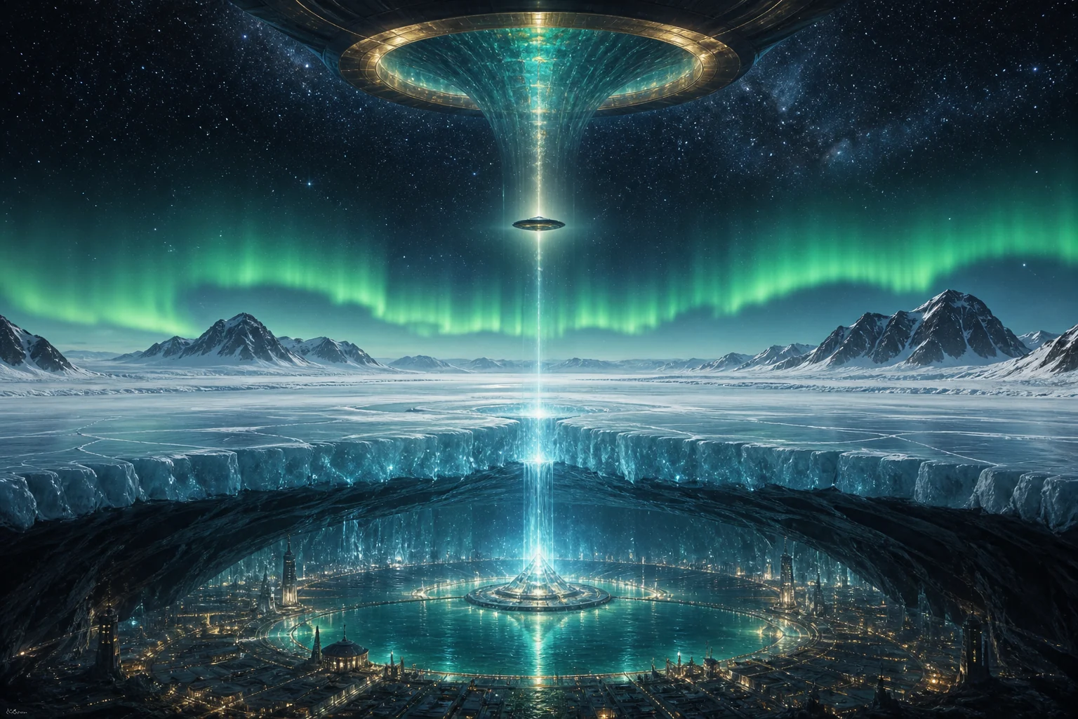 Nave luminosa ascende por um eixo que conecta lago e cidade interior, superfície glacial e corredor toroidal no espaço.