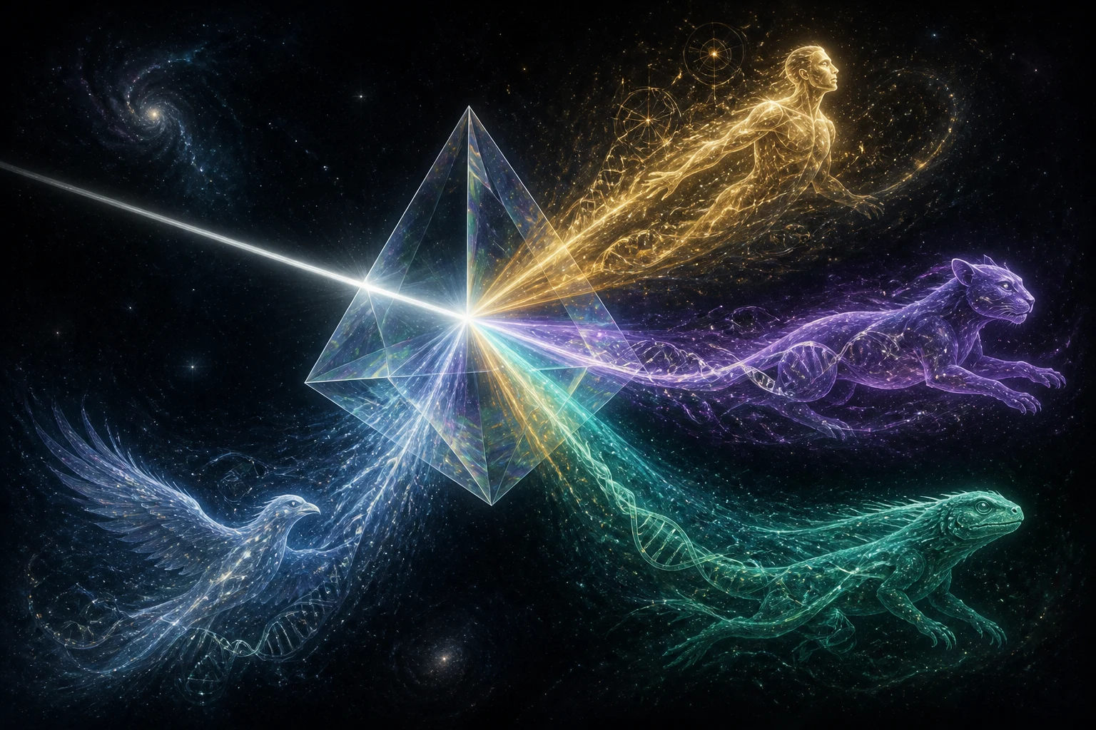 Um prisma cristalino divide um feixe branco em quatro correntes luminosas com formas humanoide, felina, aviária e reptiliana.